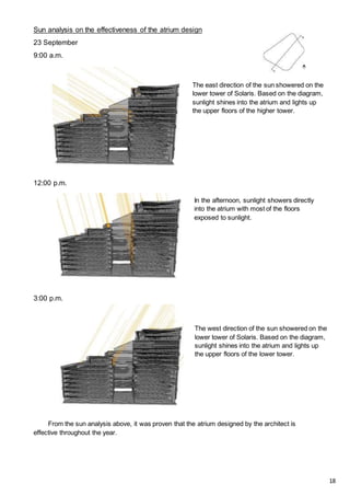 Sun analysis on the effectiveness of the atrium design
23 September
9:00 a.m.
12:00 p.m.
3:00 p.m.
From the sun analysis above, it was proven that the atrium designed by the architect is
effective throughout the year.
The east direction of the sun showered on the
lower tower of Solaris. Based on the diagram,
sunlight shines into the atrium and lights up
the upper floors of the higher tower.
In the afternoon, sunlight showers directly
into the atrium with most of the floors
exposed to sunlight.
The west direction of the sun showered on the
lower tower of Solaris. Based on the diagram,
sunlight shines into the atrium and lights up
the upper floors of the lower tower.
18
 