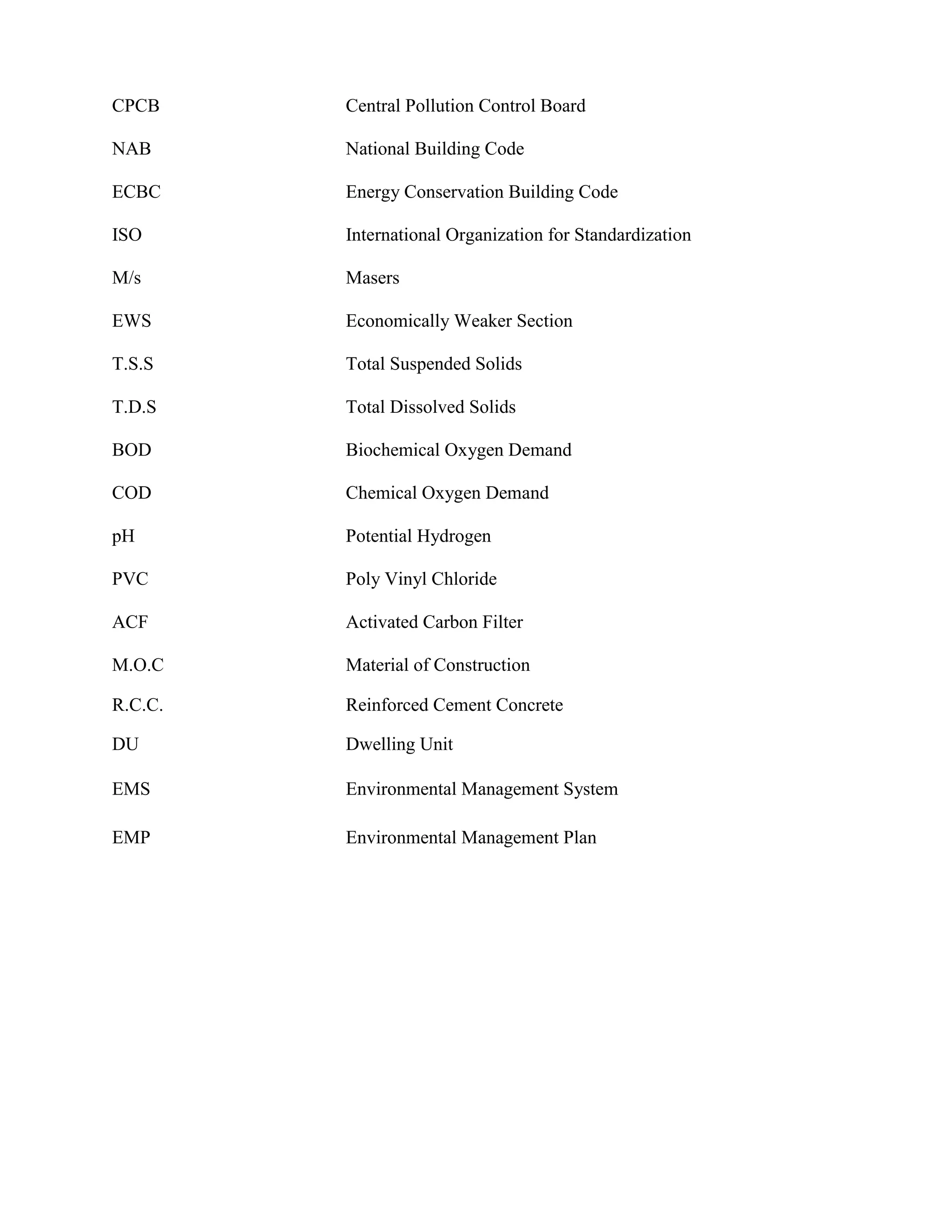 CPCB Central Pollution Control Board 
NAB National Building Code 
ECBC Energy Conservation Building Code 
ISO International Organization for Standardization 
M/s Masers 
EWS Economically Weaker Section 
T.S.S Total Suspended Solids 
T.D.S Total Dissolved Solids 
BOD Biochemical Oxygen Demand 
COD Chemical Oxygen Demand 
pH Potential Hydrogen 
PVC Poly Vinyl Chloride 
ACF Activated Carbon Filter 
M.O.C Material of Construction 
R.C.C. Reinforced Cement Concrete 
DU Dwelling Unit 
EMS Environmental Management System 
EMP Environmental Management Plan 
 