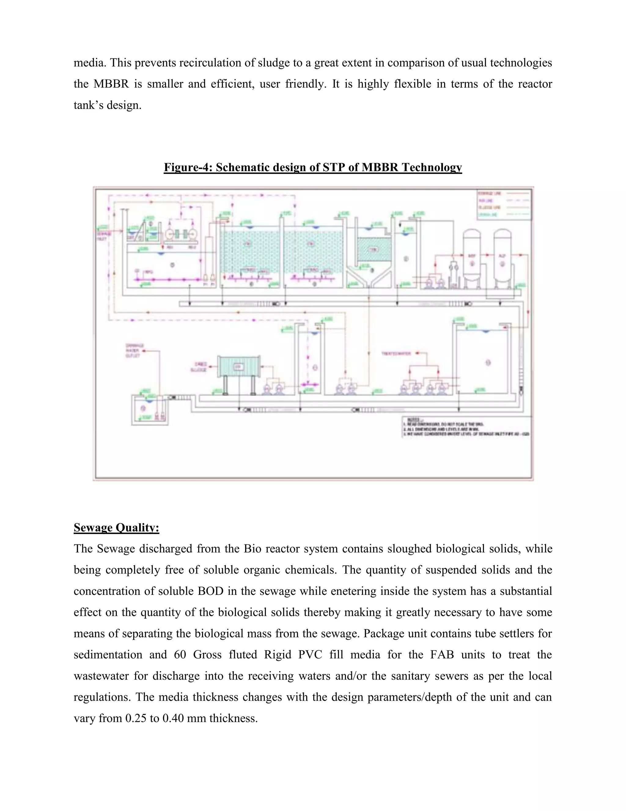 media. This prevents recirculation of sludge to a great extent in comparison of usual technologies 
the MBBR is smaller and efficient, user friendly. It is highly flexible in terms of the reactor 
tank’s design. 
Figure-4: Schematic design of STP of MBBR Technology 
Sewage Quality: 
The Sewage discharged from the Bio reactor system contains sloughed biological solids, while 
being completely free of soluble organic chemicals. The quantity of suspended solids and the 
concentration of soluble BOD in the sewage while enetering inside the system has a substantial 
effect on the quantity of the biological solids thereby making it greatly necessary to have some 
means of separating the biological mass from the sewage. Package unit contains tube settlers for 
sedimentation and 60 Gross fluted Rigid PVC fill media for the FAB units to treat the 
wastewater for discharge into the receiving waters and/or the sanitary sewers as per the local 
regulations. The media thickness changes with the design parameters/depth of the unit and can 
vary from 0.25 to 0.40 mm thickness. 
 