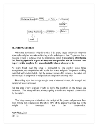 FLOORING SYSTEM:
When the mechanical setup is used as it is, every single setup will compress
separately and give an awkward feeling while walking over that. To prevent this, a
flooring system is installed over the mechanical setup. The purpose of installing
this flooring system is to provide required compression and at the same time
to prevent the people to feel uncomfortable when walking over it.
As every block over the setup is connected to one another using hinge
arrangement, the compression will not be felt as the weight of the person walking
over that will be distributed. But the pressure required to compress the setup will
be conveyed as the person’s weight acts on the particular setup only
Depending upon the average weight over a locomotive area, the strength and
number of hinges are used.
For the area where average weight is more, the numbers of the hinges are
increased. This along with the primary spring provides the required compression
for the setup.
This hinge arrangement distributes the weight of the person and prevents them
from feeling the compression. But about 95% of the pressure applied due to the
weight is conveyed for the compression.
ADVANTAGES
5 | P a g e
 
