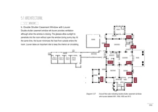 104
5.1 ARCHITECTURAL
b. Double Shutter Casement Window with Louver
Double shutter casement window wth louver provides ventilation
although when the window is closing. The glasses allow sunlight to
penetrate into the room without open the window during sunny day. At
the same time, the louver minimizes the heat from outside enters the
room. Louver takes an important role to keep the interior air circulating.
W01
W13
W13 W13
W05
W04
5.1.2 WINDOWS
Diagram 5.37 : Ground floor plan indicating double shutter casement windows
	 with louvers labeled W01, W04, W05 and W13
W25
W17
W15
 
