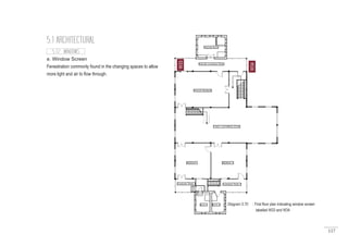 117
5.1 ARCHITECTURAL
e. Window Screen
Fenestration commonly found in the changing spaces to allow
more light and air to flow through.
W33
W34
5.1.2 WINDOWS
Diagram 5.70 : First floor plan indicating window screen
	 labelled W33 and W34
 