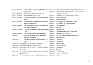 12
Figure 5.75 (Above) : Side view of the housing showing the different size
of pitched roof.
Figure 5.76 (Below) : A close look up of the roof of maids’ room.
Figure 5.77 (Above) : This bracket is found on first floor.
Figure 5.78 (Below) : The exterior brackets look more attractive with the
shape
Figure 5.79 (Above) : A structure called ‘Papan Penutup Meleh’ is placed
on top of the fascia board.
Figure 5.80 (Below) : This fascia board looks simplier compare with the
one on main building roof.
Figure 5.81 (Above) : The main staircase which placed beside the living
room.
Figure 5.82 (Below) : The secondary staircase placed in Hallway 2.
Figure 5.83 : Warm light carried out from the neoclassical
single light wall sconces
Figure 5.84 : Neoclassical ceiling light meander is placed in VIP
room.
Figure 5.85 : Neoclassical single wall sconce in dining room.
Figure 5.86 : Neoclassical single wall sconce in VIP room.
Figure 5.87 : Neoclassical single wall sconce in Family Gathering Space
on first floor.
Figure 5.88 : An organic molded pattern brings out the harmonious feel
ing to the VIP room.
Figure 5.89 : A more crafted ornamentation on the ceiling of living room.
Figure 5.90 : The molded ornamentation along the outline of windows.
Figure 5.91 : The ventilation on the wall can be one of the decorative
element of the house.
Figure 6.3 : List of former and current Kinta District Officers
Figure 6.1 : A potrait of Raja Bilah
Figure 6.2 : A potrait of Raja Bilah
Figure 6. 3 : Front facade of The District Officer’s House
Figure 6.4 : Front facade of The Raja Bilah Mansion
Figure 6.5 : Clay brick masonry
Figure 6.6 : Main door
Figure 6.7 : Panel inner door
Figure 6.8 : Casement window of District Officer’s House
Figure 6.9 : The interior of the first floor
Figure 6.10 : One of the windows of the Raja Bilah Mansion
Figure 6.11 : The gambrel roof
Figure 6.12 : Terrazo tile
Figure 6.13 : Terracota tile
Figure 6.14 : Veneer flooring
Figure 6.15 : Cornice centerpiece
Figure 6.16 : Fascia board
Figure 6.17 : Clay tiles
Figure 6.18 : Cengal flooring
Figure 6.19 : Cornice on the first floor
Figure 6.20 : Pediment
 