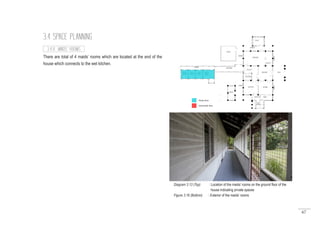67
3.4 SPACE PLANNING
There are total of 4 maids’ rooms which are located at the end of the
house which connects to the wet kitchen.
3.4.8 MAIDS’ ROOMS
Diagram 3.13 (Top) : Location of the maids’ rooms on the ground floor of the
		 house indicating private spaces
Figure 3.16 (Bottom) : Exterior of the maids’ rooms
 