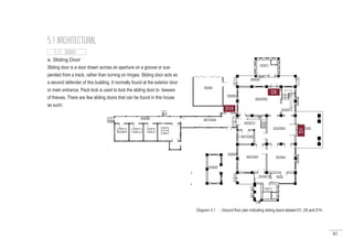 85
D5
D1
5.1 ARCHITECTURAL
5.1.1 DOORS
a. Sliding Door
Sliding door is a door drawn across an aperture on a groove or sus-
pended from a track, rather than turning on hinges. Sliding door acts as
a second defender of this building. It normally found at the exterior door
or main entrance. Pack lock is used to lock the sliding door to beware
of thieves. There are few sliding doors that can be found in this house
as such;
D14
Diagram 5.1 : Ground floor plan indicating sliding doors labeled D1, D5 and D14.
 