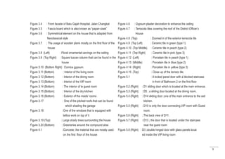 9
Figure 3.4 : Front facade of Batu Gajah Hospital, Jalan Changkat
Figure 3.5 : Fascia board which is also known as “papan sisek”
Figure 3.6 : Symmetrical element on the house that is adapted from
	 Neoclassical style
Figure 3.7 : The usage of wooden plank mostly on the first floor of the
house
Figure 3.8 (Left) : Floral ornamental carvings on the ceiling
Figure 3.9 (Top Right) : Square tuscan column that can be found in the
house
Figure 3.10 (Bottom Right) : Cornice gypsum.
Figure 3.11 (Bottom) : Interior of the living room
Figure 3.12 (Bottom) : Interior of the dining room
Figure 3.13 (Bottom) : Interior of the VIP room
Figure 3.14 (Bottom) : The interior of te guest room
Figure 3.15 (Bottom) : Interior of the dry kitchen
Figure 3.16 (Bottom) : Exterior of the maids’ rooms
Figure 3.17 : One of the pitched roofs that can be found
which shading the garage
Figure 3.18 : One of the windows that is equipped with
lattice work on top of it
Figure 3.19 (Top) : Large shady trees surrounding the house
Figure 3.20 (Bottom) : Greeneries around the compound area
Figure 4.1 : Concrete; the material that are mostly used
on the first floor of the house
Figure 4.6 : Gypsum plaster decoration to enhance the ceiling
Figure 4.7 : Terracota tiles covering the roof of the District Officer’s
House
Figure 4.8 (Top) : Zoomed in of the exterior terracota tile
Figure 4.9 (Top Left) : Ceramic tile in green (type 1)
Figure 4.10 (Top Middle) : Ceramic tile in peach (type 2)
Figure 4.11 (Top Right) : Ceramic tile in pink (type 3)
Figure 4.12 (Left) : Porcelain tile in peach (type 1)
Figure 4.13 (Middle) : Porcelain tile in blue (type 2)
Figure 4.14 (Right) : Porcelain tile in yellow (type 3)
Figure 4.15 (Top) : Close up of the terrazo tile
Figure 5.1 : A locked panel door with a blocked staircase
in front of Bathroom 2 on the first floor.
Figure 5.2 (Right) : D1 sliding door which is located at the main entrance.
Figure 5.3 (Right) : D5 ; a sliding door located at the dining room.
Figure 5.4 (Right) : D14 sliding door ;one of the main entrance to the wet
kitchen.
Figure 5.5 (Right) : D10 is only the door connecting VIP room with Guest
room.
Figure 5.6 (Right) : The back view of D11.
Figure 5.7 (Right) : D13 ; the door that is located under the staircase
near the guest room
Figure 5.8 (Right) : D3 ;double hinged door with glass panels locat
ed inside the VIP living room
 