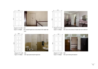 92
Diagram 5.14 (Left) : D33
Figure 5.12 (Right) : D33; double hinged door as the entrace to the master bed
		 room
Diagram 5.16 (Left) : D35
Figure 5.14 (Right) : D35; eight panels double hinged door
Diagram 5.15 (Left) : D32
Figure 5.13 (Right) : D32; Door to the entrace of master bed room’s bathroom
Diagram 5.17 (Left) : D30
Figure 5.15 (Right) : D30; upon entering the bedroom
 