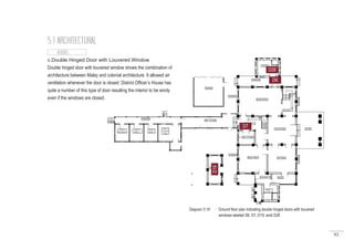 93
D6
5.1 ARCHITECTURAL
DOORS
c.Double Hinged Door with Louvered Window
Double hinged door with louvered window shows the combination of
architecture between Malay and colonial architecture. It allowed air
ventilation whenever the door is closed. District Officer’s House has
quite a number of this type of door resulting the interior to be windy
even if the windows are closed.
D19
D7
D28
Diagram 5.18 : Ground floor plan indicating double hinged doors with louvered
	 windows labeled D6, D7, D19, amd D28
	
 