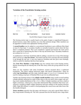 15
Variation of the Fourdrinier forming section
Fig 6(b) Block diagram of paper machine
The forming section type is usually based on the grade of paper or paperboard being pro-
duced; however, many older machines use a less than optimum design. Older machines can
be upgraded to include more appropriate forming sections.
A second headbox may be added to a conventional fourdrinier to put a different fibre blend
on top of a base layer. A secondary headbox is normally located at a point where the base
sheet is completely drained. This is not considered a separate ply because the water action
does a good job of intermixing the fibers of the top and bottom layer. Secondary headboxes
are common on linerboard.
A modification to the basic fourdrinier table by adding a second wire on top of the drainage
table is known as a top wire former. The bottom and top wires converge and some drainage
is up through the top wire. A top wire improves formation and also gives more drainage,
which is useful for machines that have been sped up.
The Twin Wire Machine or Gap former uses two vertical wires in the forming section,
thereby increasing the de-watering rate of the fibre slurry while also giving uniform two sid-
edness.
There are also machines with entire Fourdrinier sections mounted above a traditional
Fourdrinier. This allows making multi-layer paper with special characteristics. These are
called top Fourdriniers and they make multi-ply paper or paperboard. Commonly this is
used for making a top layer of bleached fibre to go over an unbleached layer.
Another type forming section is the cylinder mould machine using a mesh-covered rotating
cylinder partially immersed in a tank of fibre slurry in the wet end to form a paper web, giv-
ing a more random distribution of the cellulose fibres. Cylinder machines can form a sheet at
higher consistency, which gives a more three dimensional fibre orientation than lower con-
sistencies, resulting in higher calliper (thickness) and more stiffness in the machine direction
(MD). High MD stiffness is useful in food packaging like cereal boxes and other boxes like
dry laundry detergent.
Tissue machines typically form the paper web between a wire and a special fabric (felt) as
they wrap around a forming roll. The web is pressed from the felt directly onto a large diam-
 