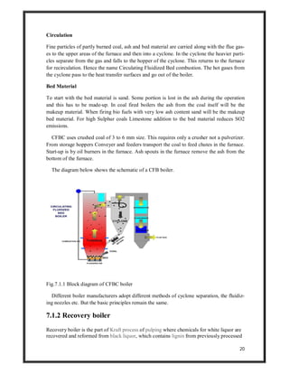 20
Circulation
Fine particles of partly burned coal, ash and bed material are carried along with the flue gas-
es to the upper areas of the furnace and then into a cyclone. In the cyclone the heavier parti-
cles separate from the gas and falls to the hopper of the cyclone. This returns to the furnace
for recirculation. Hence the name Circulating Fluidized Bed combustion. The hot gases from
the cyclone pass to the heat transfer surfaces and go out of the boiler.
Bed Material
To start with the bed material is sand. Some portion is lost in the ash during the operation
and this has to be made-up. In coal fired boilers the ash from the coal itself will be the
makeup material. When firing bio fuels with very low ash content sand will be the makeup
bed material. For high Sulphur coals Limestone addition to the bed material reduces SO2
emissions.
CFBC uses crushed coal of 3 to 6 mm size. This requires only a crusher not a pulverizer.
From storage hoppers Conveyer and feeders transport the coal to feed chutes in the furnace.
Start-up is by oil burners in the furnace. Ash spouts in the furnace remove the ash from the
bottom of the furnace.
The diagram below shows the schematic of a CFB boiler.
Fig.7.1.1 Block diagram of CFBC boiler
Different boiler manufacturers adopt different methods of cyclone separation, the fluidiz-
ing nozzles etc. But the basic principles remain the same.
7.1.2 Recovery boiler
Recovery boiler is the part of Kraft process of pulping where chemicals for white liquor are
recovered and reformed from black liquor, which contains lignin from previously processed
 