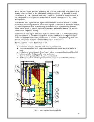 21
wood. The black liquor is burned, generating heat, which is usually used in the process or in
making electricity, much as in a conventional steam power plant. The invention of the re-
covery boiler by G.H. Tomlinson in the early 1930s was a milestone in the advancement of
the kraft process. Recovery boilers are also used in the (less common) sulfite process of
wood pulping.
Concentrated black liquor contains organic dissolved wood residue in addition to sodium
sulfate from the cooking chemicals added at the digester. Combustion of the organic portion
of chemicals produces heat. In the recovery boiler heat is used to produce high pressure
steam, which is used to generate electricity in a turbine. The turbine exhaust, low pressure
steam is used for process heating.
Combustion of black liquor in the recovery boiler furnace needs to be controlled carefully.
High concentration of sulfur requires optimum process conditions to avoid production of
sulfur dioxide and reduced sulfur gas emissions. In addition to environmentally clean com-
bustion, reduction of inorganic sulfur must be achieved in the char bed.
Several processes occur in the recovery boiler:
 Combustion of organic material in black liquor to generate steam
 Reduction of inorganic sulfur compounds to sodium sulfide, which exits at the bottom as
smelt
 Production of molten inorganic flow of mainly sodium carbonate and sodium sulfide, which
is later recycled to the digester after being re-dissolved
 Recovery of inorganic dust from flue gas to save chemicals
 Production of sodium fume to capture combustion residue of released sulfur compounds
Fig.7.1.2 Block diagram of recovery boiler
 