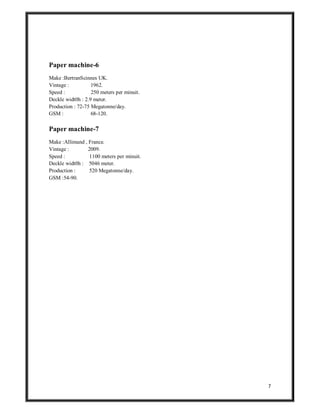 7
Paper machine-6
Make :BertranScinnes UK.
Vintage : 1962.
Speed : 250 meters per minuit.
Deckle widt0h : 2.9 meter.
Production : 72-75 Megatonne/day.
GSM : 68-120.
Paper machine-7
Make :Allimand , France.
Vintage : 2009.
Speed : 1100 meters per minuit.
Deckle widt0h : 5046 meter.
Production : 520 Megatonne/day.
GSM :54-90.
 