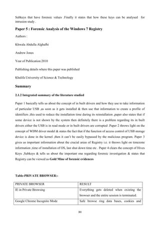XII
Subkeys that have forensic values .Finally it states that how these keys can be analysed for
intrusion study .
Paper 5 : Forensic Analysis of the Windows 7 Registry
Authors :
Khwala Abdulla Alghafhi
Andrew Jones
Year of Publication:2010
Publishing details where this paper was published
Khalifa University of Science & Technology
Summary
2.1.2 Integrated summary of the literature studied
Paper 1 basically tells us about the concept of in built drivers and how they use to take information
of particular USB ,as soon as it gets installed & then use that information to create a profile of
identifiers ,this used to reduce the installation time during its reinstallation ,paper also states that if
some device is not shown by the system then definitely there is a problem regarding its in built
drivers either the USB is in read mode or in built drivers are corrupted .Paper 2 throws light on the
concept of WDM driver model & states the fact that if the function of access control of USB storage
device is done in the kernel ,then it can‟t be easily bypassed by the malicious program. Paper 3
gives us important information about the crucial areas of Registry i.e. it throws light on timezone
information ,time of installation of OS, last shut down time etc . Paper 4 clears the concept of Hives
Keys ,Subkeys & tells us about the important one regarding forensic investigation & states that
Registry can be viewed as Gold Mine of forensic evidences
Table-PRIVATE BROWSER:-
PRIVATE BROWSER RESULT
IE in Private Browsing Everything gets deleted when existing the
browser and the entire session is terminated.
Google Chrome Incognito Mode Safe browse ring data bases, cookies and
 