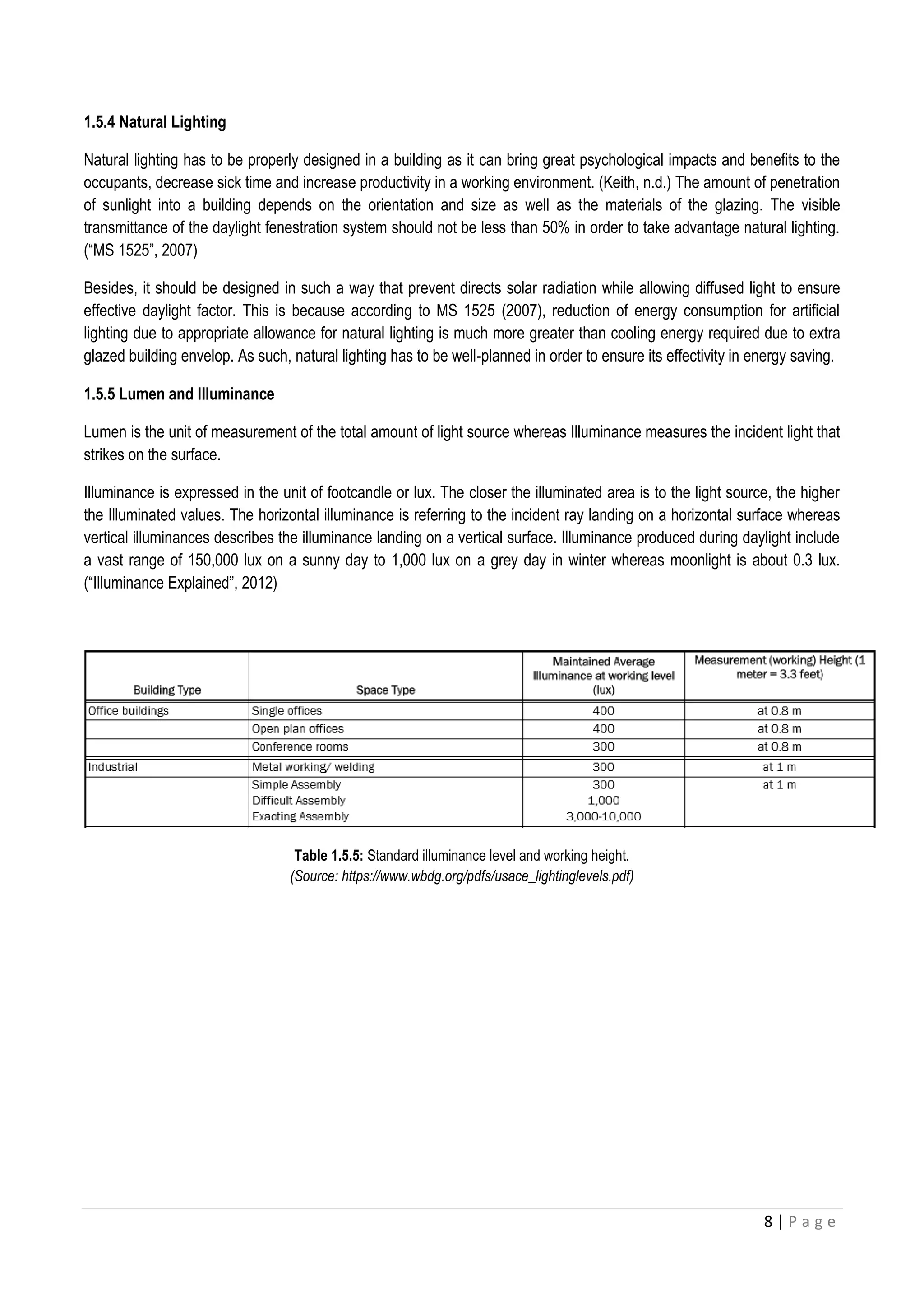 8 | P a g e
1.5.4 Natural Lighting
Natural lighting has to be properly designed in a building as it can bring great psychological impacts and benefits to the
occupants, decrease sick time and increase productivity in a working environment. (Keith, n.d.) The amount of penetration
of sunlight into a building depends on the orientation and size as well as the materials of the glazing. The visible
transmittance of the daylight fenestration system should not be less than 50% in order to take advantage natural lighting.
(“MS 1525”, 2007)
Besides, it should be designed in such a way that prevent directs solar radiation while allowing diffused light to ensure
effective daylight factor. This is because according to MS 1525 (2007), reduction of energy consumption for artificial
lighting due to appropriate allowance for natural lighting is much more greater than cooling energy required due to extra
glazed building envelop. As such, natural lighting has to be well-planned in order to ensure its effectivity in energy saving.
1.5.5 Lumen and Illuminance
Lumen is the unit of measurement of the total amount of light source whereas Illuminance measures the incident light that
strikes on the surface.
Illuminance is expressed in the unit of footcandle or lux. The closer the illuminated area is to the light source, the higher
the Illuminated values. The horizontal illuminance is referring to the incident ray landing on a horizontal surface whereas
vertical illuminances describes the illuminance landing on a vertical surface. Illuminance produced during daylight include
a vast range of 150,000 lux on a sunny day to 1,000 lux on a grey day in winter whereas moonlight is about 0.3 lux.
(“Illuminance Explained”, 2012)
Table 1.5.5: Standard illuminance level and working height.
(Source: https://www.wbdg.org/pdfs/usace_lightinglevels.pdf)
 