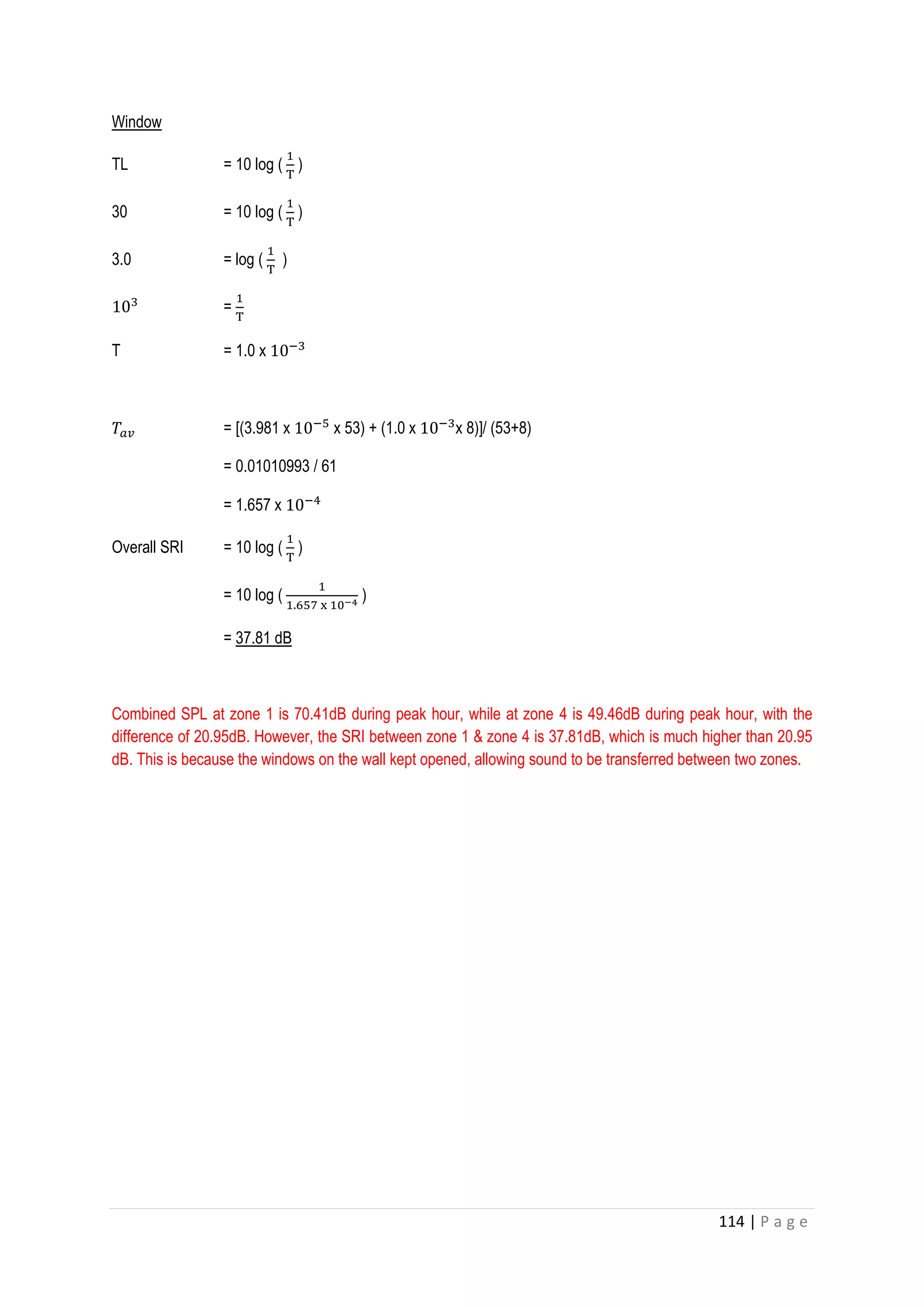 114 | P a g e
Window
TL = 10 log (
1
T
)
30 = 10 log (
1
T
)
3.0 = log (
1
T
)
103
=
1
T
T = 1.0 x 10−3
𝑇𝑎𝑣 = [(3.981 x 10−5
x 53) + (1.0 x 10−3
x 8)]/ (53+8)
= 0.01010993 / 61
= 1.657 x 10−4
Overall SRI = 10 log (
1
T
)
= 10 log (
1
1.657 x 10−4 )
= 37.81 dB
Combined SPL at zone 1 is 70.41dB during peak hour, while at zone 4 is 49.46dB during peak hour, with the
difference of 20.95dB. However, the SRI between zone 1 & zone 4 is 37.81dB, which is much higher than 20.95
dB. This is because the windows on the wall kept opened, allowing sound to be transferred between two zones.
 