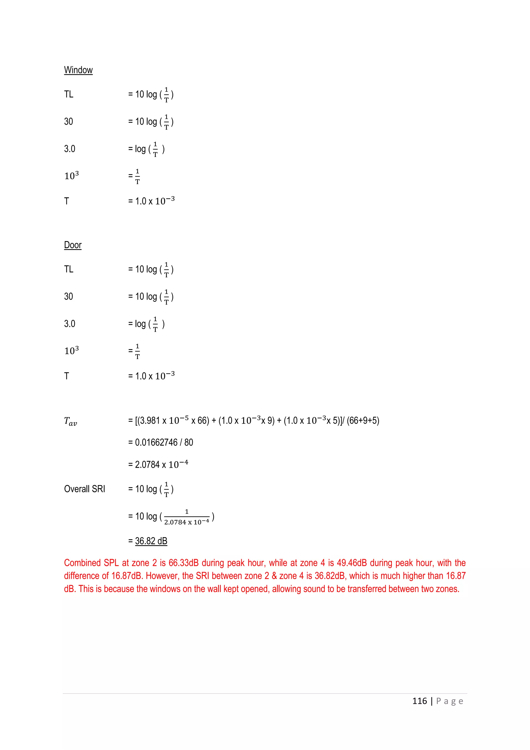116 | P a g e
Window
TL = 10 log (
1
T
)
30 = 10 log (
1
T
)
3.0 = log (
1
T
)
103
=
1
T
T = 1.0 x 10−3
Door
TL = 10 log (
1
T
)
30 = 10 log (
1
T
)
3.0 = log (
1
T
)
103
=
1
T
T = 1.0 x 10−3
𝑇𝑎𝑣 = [(3.981 x 10−5
x 66) + (1.0 x 10−3
x 9) + (1.0 x 10−3
x 5)]/ (66+9+5)
= 0.01662746 / 80
= 2.0784 x 10−4
Overall SRI = 10 log (
1
T
)
= 10 log (
1
2.0784 x 10−4 )
= 36.82 dB
Combined SPL at zone 2 is 66.33dB during peak hour, while at zone 4 is 49.46dB during peak hour, with the
difference of 16.87dB. However, the SRI between zone 2 & zone 4 is 36.82dB, which is much higher than 16.87
dB. This is because the windows on the wall kept opened, allowing sound to be transferred between two zones.
 