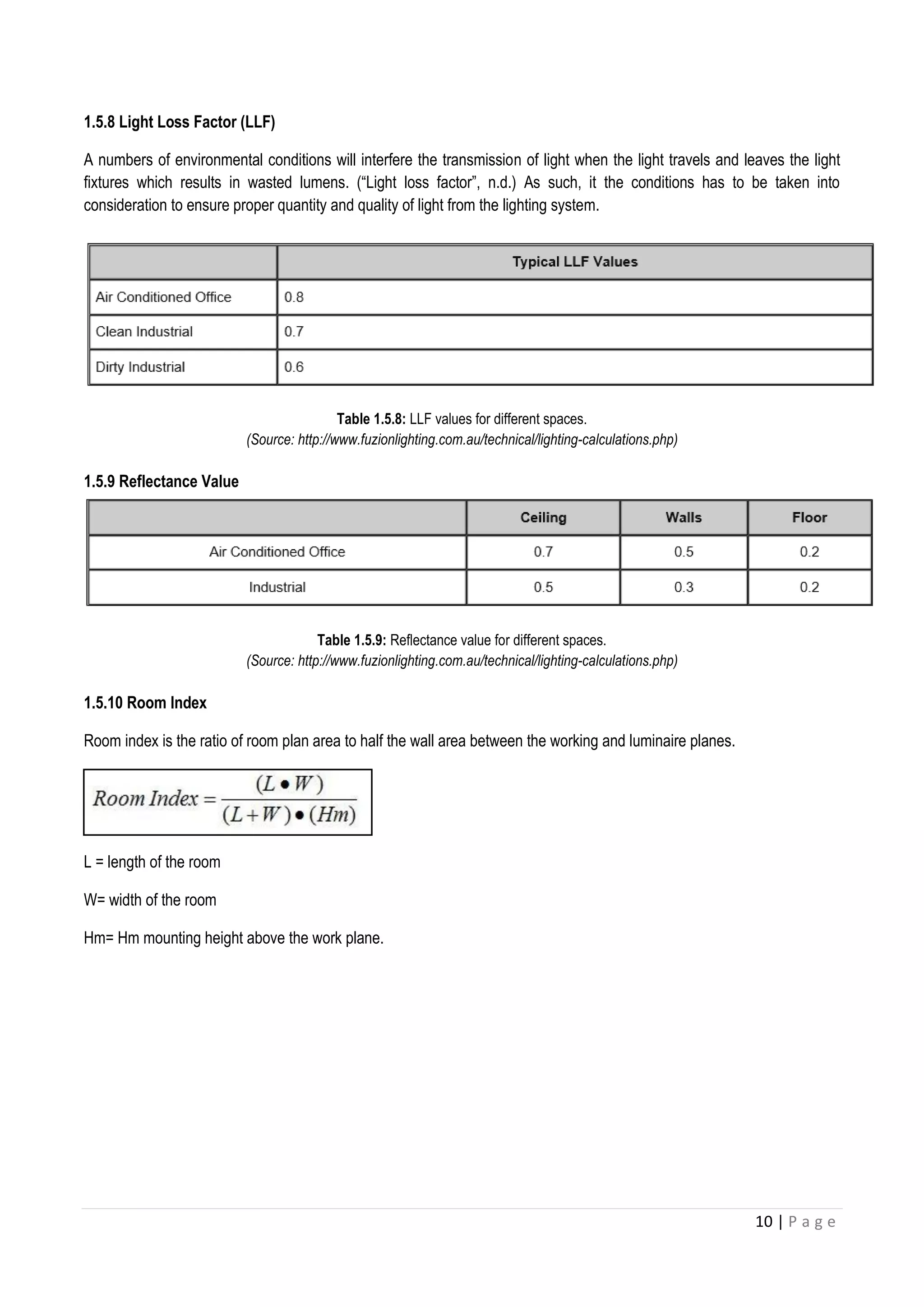 10 | P a g e
1.5.8 Light Loss Factor (LLF)
A numbers of environmental conditions will interfere the transmission of light when the light travels and leaves the light
fixtures which results in wasted lumens. (“Light loss factor”, n.d.) As such, it the conditions has to be taken into
consideration to ensure proper quantity and quality of light from the lighting system.
Table 1.5.8: LLF values for different spaces.
(Source: http://www.fuzionlighting.com.au/technical/lighting-calculations.php)
1.5.9 Reflectance Value
Table 1.5.9: Reflectance value for different spaces.
(Source: http://www.fuzionlighting.com.au/technical/lighting-calculations.php)
1.5.10 Room Index
Room index is the ratio of room plan area to half the wall area between the working and luminaire planes.
L = length of the room
W= width of the room
Hm= Hm mounting height above the work plane.
 
