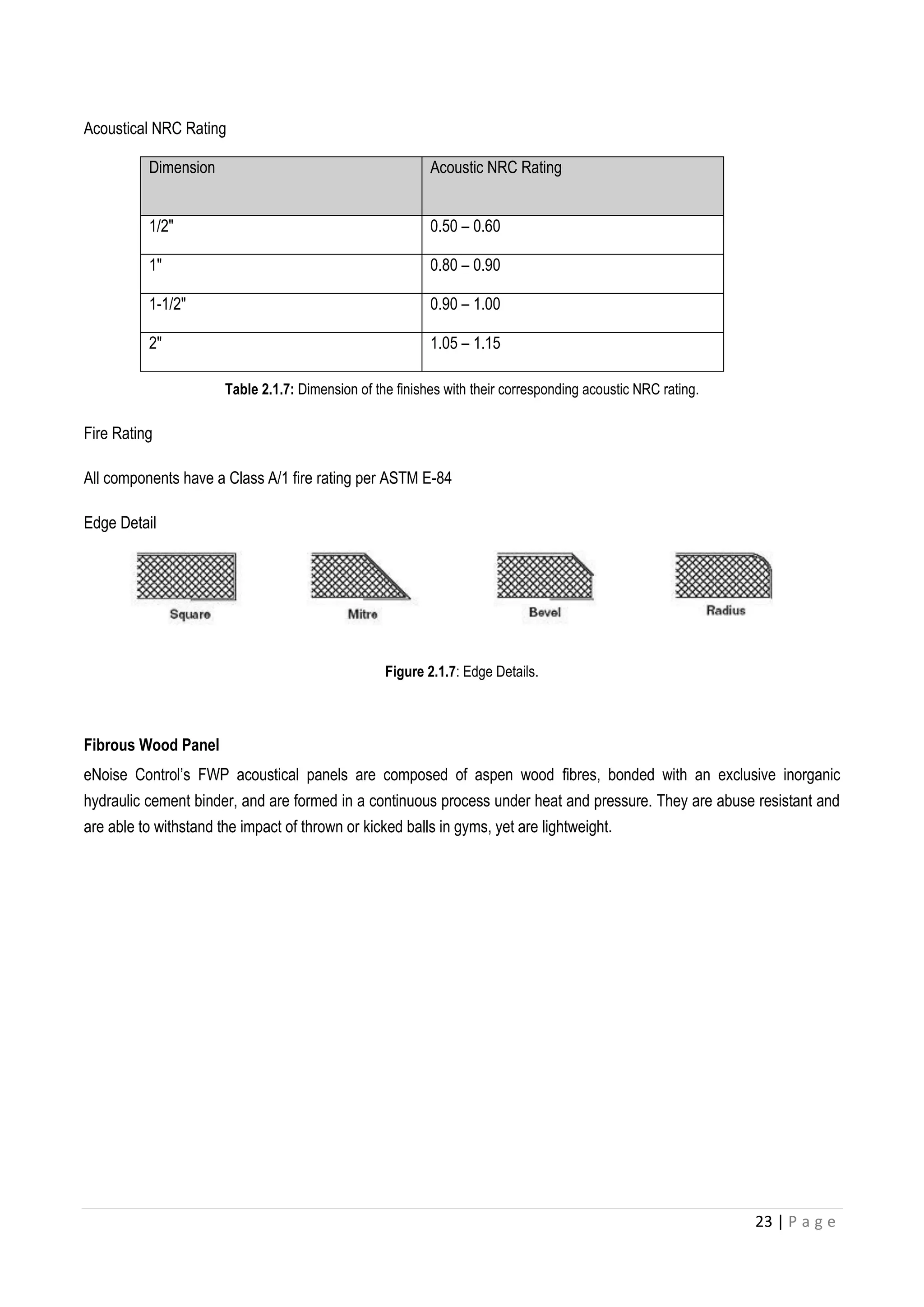23 | P a g e
Acoustical NRC Rating
Dimension Acoustic NRC Rating
1/2″ 0.50 – 0.60
1″ 0.80 – 0.90
1-1/2″ 0.90 – 1.00
2″ 1.05 – 1.15
Table 2.1.7: Dimension of the finishes with their corresponding acoustic NRC rating.
Fire Rating
All components have a Class A/1 fire rating per ASTM E-84
Edge Detail
Figure 2.1.7: Edge Details.
Fibrous Wood Panel
eNoise Control’s FWP acoustical panels are composed of aspen wood fibres, bonded with an exclusive inorganic
hydraulic cement binder, and are formed in a continuous process under heat and pressure. They are abuse resistant and
are able to withstand the impact of thrown or kicked balls in gyms, yet are lightweight.
 