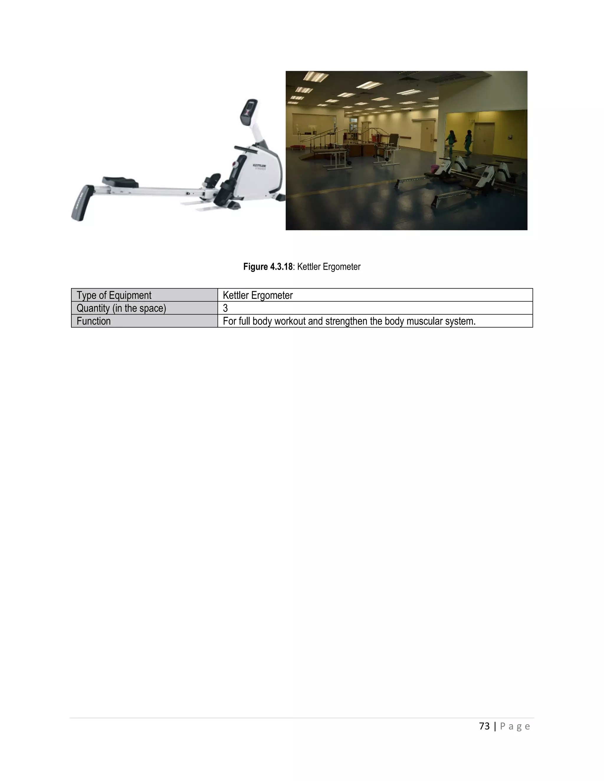 73 | P a g e
Figure 4.3.18: Kettler Ergometer
Type of Equipment Kettler Ergometer
Quantity (in the space) 3
Function For full body workout and strengthen the body muscular system.
 