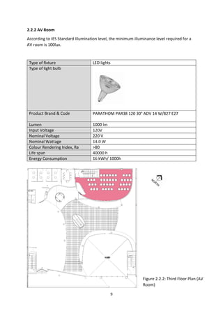9
2.2.2 AV Room
According to IES Standard Illumination level, the minimum illuminance level required for a
AV room is 100lux.
Type of fixture LED lights
Type of light bulb
Product Brand & Code PARATHOM PAR38 120 30° ADV 14 W/827 E27
Lumen 1000 lm
Input Voltage 120V
Nominal Voltage 220 V
Nominal Wattage 14.0 W
Colour Rendering Index, Ra >80
Life span 40000 h
Energy Consumption 16 kWh/ 1000h
Figure 2.2.2: Third Floor Plan (AV
Room)
 