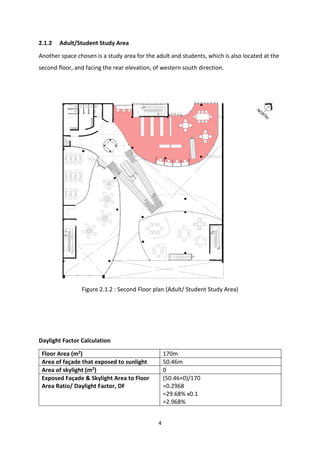 4
2.1.2 Adult/Student Study Area
Another space chosen is a study area for the adult and students, which is also located at the
second floor, and facing the rear elevation, of western south direction.
Figure 2.1.2 : Second Floor plan (Adult/ Student Study Area)
Daylight Factor Calculation
Floor Area (m2) 170m
Area of façade that exposed to sunlight 50.46m
Area of skylight (m2) 0
Exposed Façade & Skylight Area to Floor
Area Ratio/ Daylight Factor, DF
(50.46+0)/170
=0.2968
=29.68% x0.1
=2.968%
 