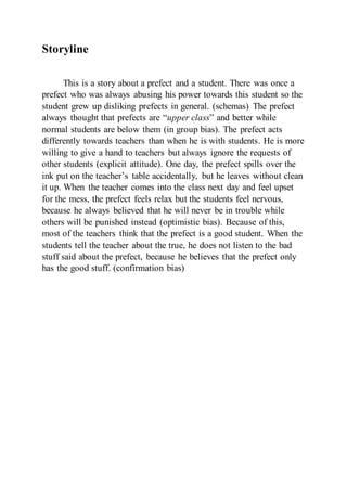 Storyline
This is a story about a prefect and a student. There was once a
prefect who was always abusing his power towards this student so the
student grew up disliking prefects in general. (schemas) The prefect
always thought that prefects are “upper class” and better while
normal students are below them (in group bias). The prefect acts
differently towards teachers than when he is with students. He is more
willing to give a hand to teachers but always ignore the requests of
other students (explicit attitude). One day, the prefect spills over the
ink put on the teacher’s table accidentally, but he leaves without clean
it up. When the teacher comes into the class next day and feel upset
for the mess, the prefect feels relax but the students feel nervous,
because he always believed that he will never be in trouble while
others will be punished instead (optimistic bias). Because of this,
most of the teachers think that the prefect is a good student. When the
students tell the teacher about the true, he does not listen to the bad
stuff said about the prefect, because he believes that the prefect only
has the good stuff. (confirmation bias)
 