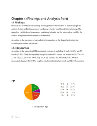 13 | P a g e
Chapter 4 (Findings and Analysis Part)
4.1 Findings
Basically the hypothesis is a causality based hypothesis, the variables of website design and
content element and online customer purchasing behavior would mark the relationship. The
dependent variable is online customer purchasing behavior and the independent variables the
website design and content element of ecommerce.
According to the responses of respondent to the questions in the data collection tool, the
following conclusions are reached:
4.1.1 Responses
According to the survey total 121 respondents response is including 82 male (68.9%) and 37
female (31.1%). They are segmented by age including 15-18 range age people are 2(1.7%), 19-
22 are 27(22.5), 23-26 are 59(49.2%), 27-30 are 24(20%) and 30+ are 8(6.7%). On this
respondents there are 56(47.5%) people were shopped online last month and 62(52.5) were not.
4.1 Respondent Age
 