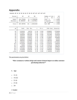 25 | P a g e
Appendix
The questionnaire are given below:
“How ecommerce website design and content element impact on online customer
purchasing behavior?”
1. Age:
o 15-18
o 19-222
o 23-26
o 27-30
o 30+
2. Gender:
 