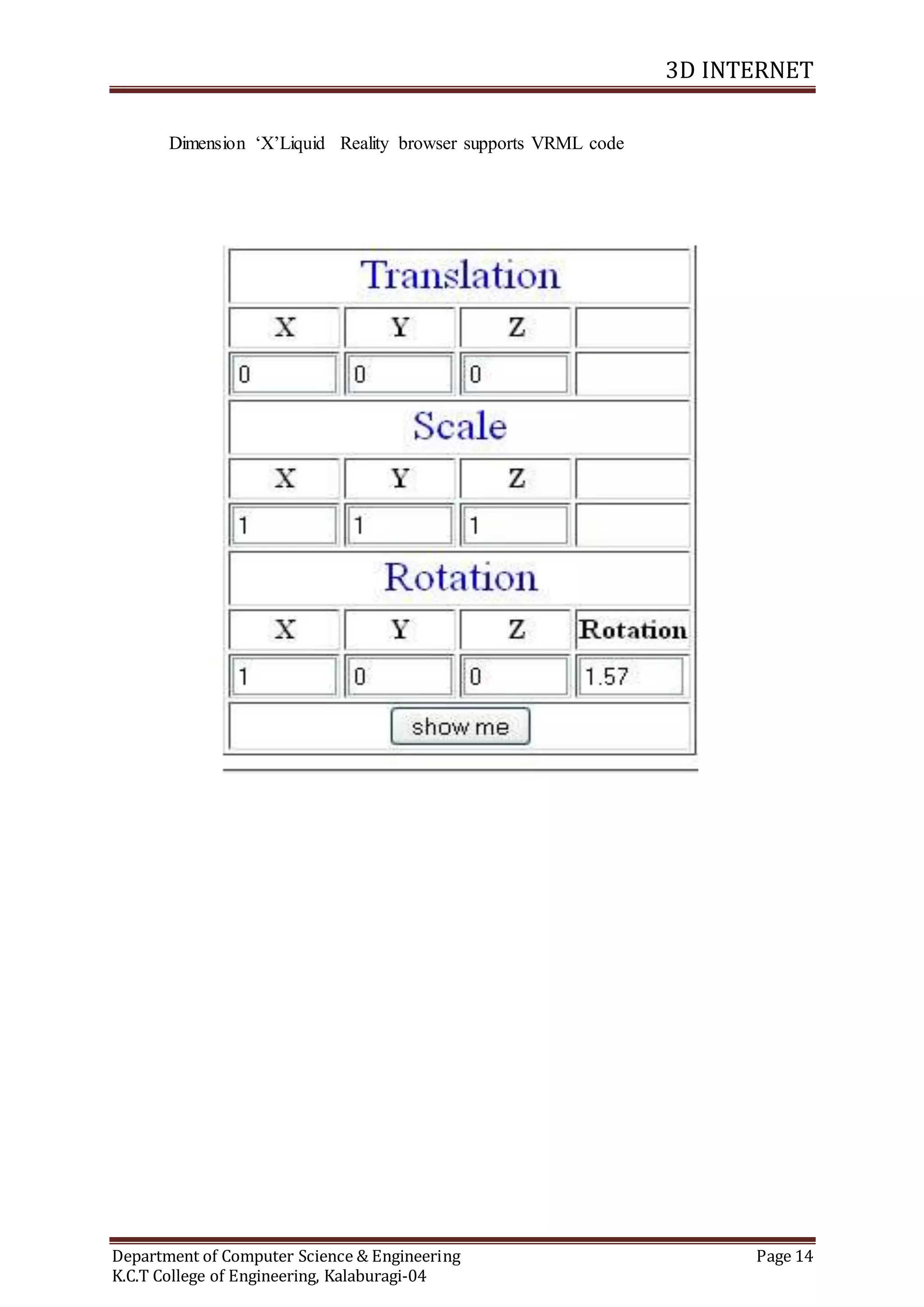 3D INTERNET
Department of Computer Science & Engineering Page 14
K.C.T College of Engineering, Kalaburagi-04
Dimension ‘X’Liquid Reality browser supports VRML code
 