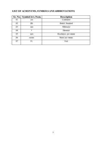 7
LIST OF ACRONYMS, SYMBOLS AND ABBREVIATIONS
Sr. No. Symbol/Avv./Nom. Description
01 cm Centimeter
02 BS British Standard
03 mm Millimeter
04 ᶲ Diameter
05 rpm Revolution per minute
06 m/min Meter per minute
07 Ft. Feet
 