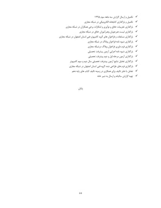 55
‫سوم‬ ‫ماهه‬ ‫سه‬ ‫گزارش‬ ‫ارسال‬ ‫و‬ ‫تکمیل‬0934
‫مجازی‬ ‫شبکه‬ ‫در‬ ‫الکترونیکی‬ ‫کتابخانه‬ ‫بارگذاری‬ ‫و‬ ‫تکمیل‬
‫مجازی‬ ‫شبکه‬ ‫در‬ ‫همکاران‬ ‫برخی‬ ‫ابتکارات‬ ‫و‬ ‫نوآوری‬ ‫و‬ ‫خالق‬ ‫تجربیات‬ ‫بارگذاری‬
‫مجازی‬ ‫شبکه‬ ‫در‬ ‫خالق‬ ‫وهنرآموزان‬ ‫هنرجویان‬ ‫لیست‬ ‫بارگذاری‬
‫مجازی‬ ‫شبکه‬ ‫در‬ ‫اصفهان‬ ‫استان‬ ‫فنی‬ ‫کامپیوتر‬ ‫گروه‬ ‫های‬ ‫فراخوان‬ ‫و‬ ‫مسابقات‬ ‫بارگذاری‬
‫بارگذ‬‫مجازی‬ ‫شبکه‬ ‫در‬ ‫وبالگ‬ ‫فراخوان‬ ‫نامه‬ ‫شیوه‬ ‫اری‬
‫مجازی‬ ‫درشبکه‬ ‫وبالگ‬ ‫فراخوان‬ ‫داوری‬ ‫فرم‬ ‫بارگذاری‬
‫تحصیلی‬ ‫پیشرفت‬ ‫آزمون‬ ‫اجرایی‬ ‫نامه‬ ‫شیوه‬ ‫بارگذاری‬
‫تحصیلی‬ ‫پیشرفت‬ ‫دوم‬ ‫و‬ ‫اول‬ ‫مرحله‬ ‫آزمون‬ ‫بارگذاری‬
‫کامپیوتر‬ ‫سوم‬ ‫و‬ ‫دوم‬ ‫سال‬ ‫تحصیلی‬ ‫پیشرفت‬ ‫آزمون‬ ‫نتایج‬ ‫تحلیل‬ ‫بارگذاری‬
‫فرم‬ ‫بارگذاری‬‫مجازی‬ ‫شبکه‬ ‫در‬ ‫اصفهان‬ ‫استان‬ ‫فنی‬ ‫گروه‬ ‫شده‬ ‫طراحی‬ ‫های‬
‫دهم‬ ‫پایه‬ ‫های‬ ‫کتاب‬ ‫تالیف‬ ‫زمینه‬ ‫در‬ ‫همکاری‬ ‫برای‬ ‫تالیف‬ ‫دفتر‬ ‫با‬ ‫تعامل‬
‫خانه‬ ‫دبیر‬ ‫به‬ ‫ارسال‬ ‫و‬ ‫سالیانه‬ ‫گزارش‬ ‫تهیه‬
‫پایان‬
 
