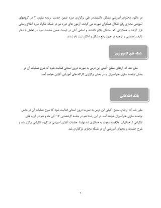 6
‫سازی‬ ‫برنامه‬ ‫خدمت‬ ‫ضمن‬ ‫دوره‬ ‫برگزاری‬ ‫طی‬ ‫داشتند.در‬ ‫مشکل‬ ‫آموزشی‬ ‫محتوای‬ ‫دانلود‬ ‫در‬2‫گروههای‬ ‫در‬
.‫گرفت‬ ‫می‬ ‫صورت‬ ‫همکاران‬ ‫اشکال‬ ‫رفع‬ ‫مجازی‬ ‫آموزشی‬‫ن‬ ‫دوره‬ ‫های‬ ‫آزمون‬‫رسانی‬ ‫اطالع‬ ‫مورد‬ ‫تلگرام‬ ‫شبکه‬ ‫در‬ ‫یز‬
‫دفتر‬ ‫با‬ ‫تعامل‬ ‫در‬ ‫نبود‬ ‫خدمت‬ ‫ضمن‬ ‫لیست‬ ‫در‬ ‫آنان‬ ‫اسامی‬ ‫و‬ ‫داشتند‬ ‫ابالغ‬ ‫مشکل‬ ‫که‬ ‫همکارانی‬ ‫و‬ ‫گرفت‬ ‫قرار‬
.‫شدند‬ ‫نام‬ ‫ثبت‬ ‫امکان‬ ‫و‬ ‫مشکل‬ ‫رفع‬ ‫جهت‬ ‫در‬ ‫توجیه‬ ‫و‬ ‫راهنمایی‬ ‫تالیف‬
‫فعال‬ ‫استانی‬ ‫درون‬ ‫صورت‬ ‫به‬ ‫درس‬ ‫این‬ ‫کیفی‬ ‫سطح‬ ‫ارتقای‬ ‫که‬ ‫شد‬ ‫مقرر‬‫در‬ ‫آن‬ ‫عملیات‬ ‫شرح‬ ‫که‬ ‫شود‬ ‫یت‬
‫هنرآموزان‬ ‫سازی‬ ‫توانمند‬ ‫بخش‬‫آنالین‬ ‫آموزشی‬ ‫های‬ ‫کارگاه‬ ‫برگزاری‬ ‫بخش‬ ‫در‬ ‫و‬.‫آمد‬ ‫خواهد‬
‫بخش‬ ‫در‬ ‫آن‬ ‫عملیات‬ ‫شرح‬ ‫که‬ ‫شود‬ ‫فعالیت‬ ‫استانی‬ ‫درون‬ ‫صورت‬ ‫به‬ ‫درس‬ ‫این‬ ‫کیفی‬ ‫سطح‬ ‫ارتقای‬ ‫که‬ ‫شد‬ ‫مقرر‬
‫د‬ ‫هم‬ ‫راستا‬ ‫این‬ ‫در‬ .‫آمد‬ ‫خواهد‬ ‫هنرآموزان‬ ‫سازی‬ ‫توانمند‬‫گردهمایی‬ ‫جلسه‬ ‫ر‬17‫های‬ ‫گروه‬ ‫در‬ ‫هم‬ ‫و‬ ‫ماه‬ ‫آبان‬
.‫شد‬ ‫همکاری‬ ‫به‬ ‫دعوت‬ ‫عالقمند‬ ‫همکاران‬ ‫از‬ ‫تلگرامی‬‫و‬ ‫شد‬ ‫برگزار‬ ‫تلگرامی‬ ‫گروه‬ ‫در‬ ‫آموزشی‬ ‫آنالین‬ ‫جلسات‬ ‫نهایتا‬
.‫شد‬ ‫بارگذاری‬ ‫مجازی‬ ‫شبکه‬ ‫در‬ ‫آن‬ ‫آموزشی‬ ‫محتوای‬ ‫و‬ ‫جلسات‬ ‫شرح‬
‫اطالعاتی‬ ‫بانک‬
‫کامپيوتری‬ ‫های‬ ‫شبکه‬
 