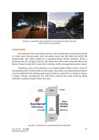 LEE JO YEE 0314880 20
BUILDING SCIENCE 2
FIGURE 15: LIGHTING AND ACOUSTICS CONDITION DURING THE DAY
AND NIGHT AT JALAN IPOH
CONCLUSION
According to the calculation above, the combined sound pressure level
of Jalan Ipoh during peak and non-peak hours are 80.14dB and 63.52 dB
respectively. The noise criteria for a general library (Noise Criterion, 2016) is
between the NC ranges of 35-40. The noises from the main road will affect the
library interiors badly with noises from vehicles, traffic and general public noises.
Therefore, one of the solutions is to create green buffer zone in front of
the building with its role to filter out all noises. Secondly, soundproofing windows
can be added to the existing openings to reduce noises from outside as shown
in figure. Thirdly, soundproof the wall that is facing the main road by filling
sufficient insulation layers within the wall.
FIGURE 16: EXAMPLE OF SOUNDPROOFING WINDOWS
 