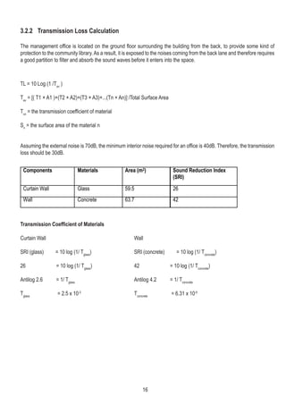 3.2.2 Transmission Loss Calculation
The management office is located on the ground floor surrounding the building from the back, to provide some kind of
protection to the community library. As a result, it is exposed to the noises coming from the back lane and therefore requires
a good partition to filter and absorb the sound waves before it enters into the space.
TL = 10 Log (1 /Tav
)
Tav
= [( T1 × A1 )+(T2 × A2)+(T3 × A3)+...(Tn × An)] /Total Surface Area
Tcn
= the transmission coefficient of material
Sn
= the surface area of the material n
Assuming the external noise is 70dB, the minimum interior noise required for an office is 40dB. Therefore, the transmission
loss should be 30dB.
Components Materials Area (m2)
Curtain Wall Glass 59.5
Wall Concrete 63.7
Sound Reduction Index
(SRI)
26
42
Transmission Coefficient of Materials
Curtain Wall
SRI (glass) = 10 log (1/ Tglass
)
26 = 10 log (1/ Tglass
)
Antilog 2.6 = 1/ Tglass
Tglass
= 2.5 x 10-3
Wall
SRI (concrete) = 10 log (1/ Tconcrete
)
42 = 10 log (1/ Tconcrete
)
Antilog 4.2 = 1/ Tconcrete
Tconcrete
= 6.31 x 10-5
16
 
