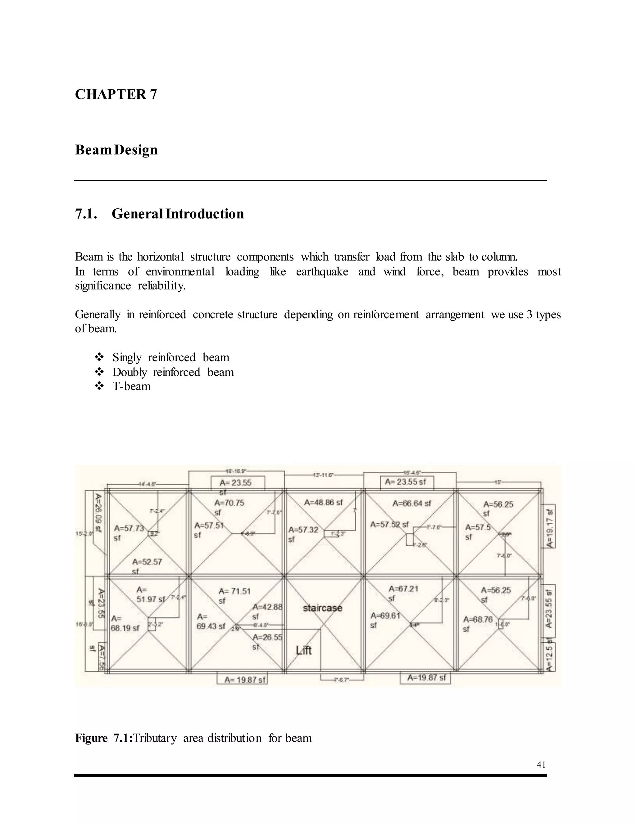 41
7.1. GeneralIntroduction
Beam is the horizontal structure components which transfer load from the slab to column.
In terms of environmental loading like earthquake and wind force, beam provides most
significance reliability.
Generally in reinforced concrete structure depending on reinforcement arrangement we use 3 types
of beam.
 Singly reinforced beam
 Doubly reinforced beam
 T-beam
Figure 7.1:Tributary area distribution for beam
CHAPTER 7 : Beam Design
BeamDesign
 