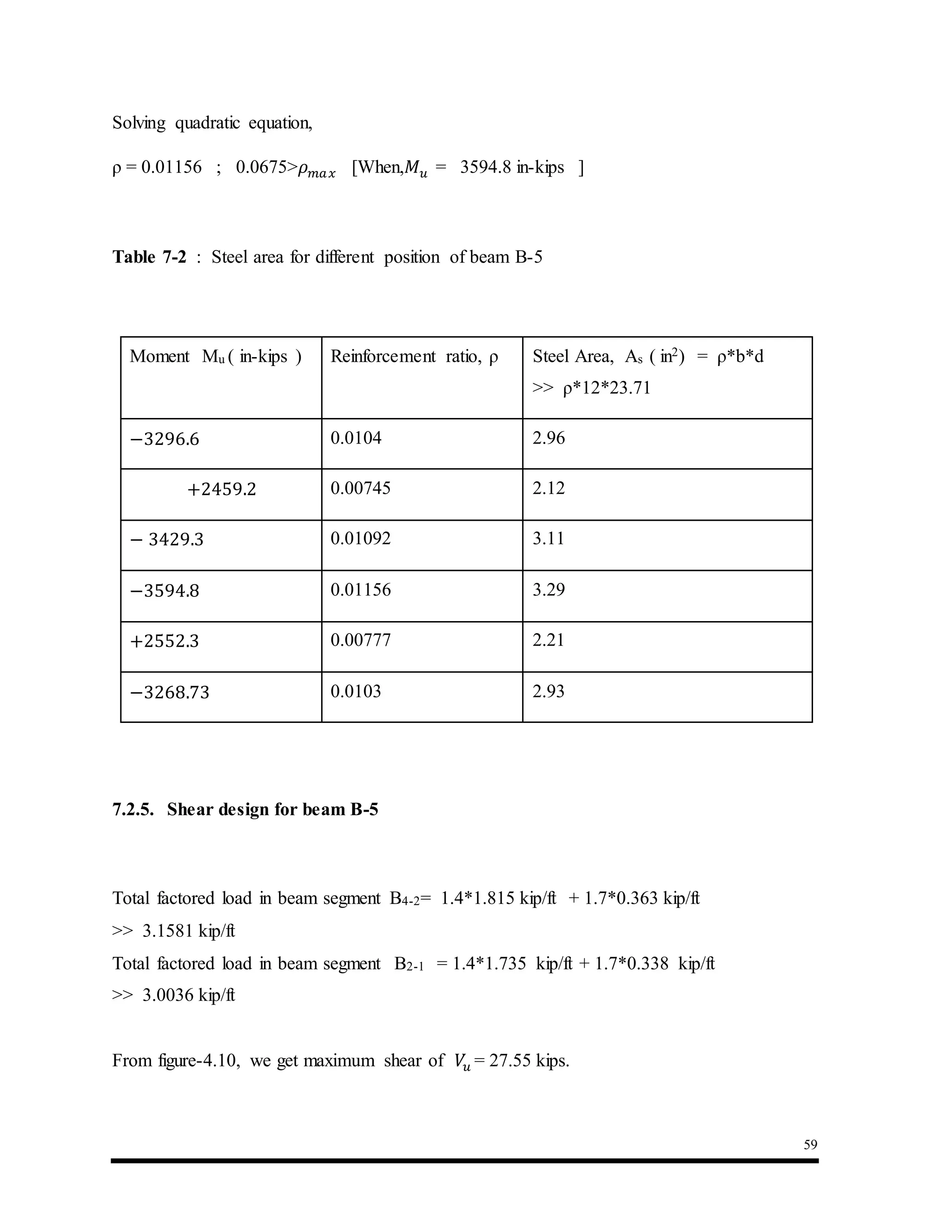 59
Solving quadratic equation,
ρ = 0.01156 ; 0.0675>𝜌 𝑚𝑎 𝑥 [When,𝑀 𝑢 = 3594.8 in-kips ]
Table 7-2 : Steel area for different position of beam B-5
Moment Mu ( in-kips ) Reinforcement ratio, ρ Steel Area, As ( in2) = ρ*b*d
>> ρ*12*23.71
−3296.6 0.0104 2.96
+2459.2 0.00745 2.12
− 3429.3 0.01092 3.11
−3594.8 0.01156 3.29
+2552.3 0.00777 2.21
−3268.73 0.0103 2.93
7.2.5. Shear design for beam B-5
Total factored load in beam segment B4-2= 1.4*1.815 kip/ft + 1.7*0.363 kip/ft
>> 3.1581 kip/ft
Total factored load in beam segment B2-1 = 1.4*1.735 kip/ft + 1.7*0.338 kip/ft
>> 3.0036 kip/ft
From figure-4.10, we get maximum shear of 𝑉𝑢 = 27.55 kips.
 