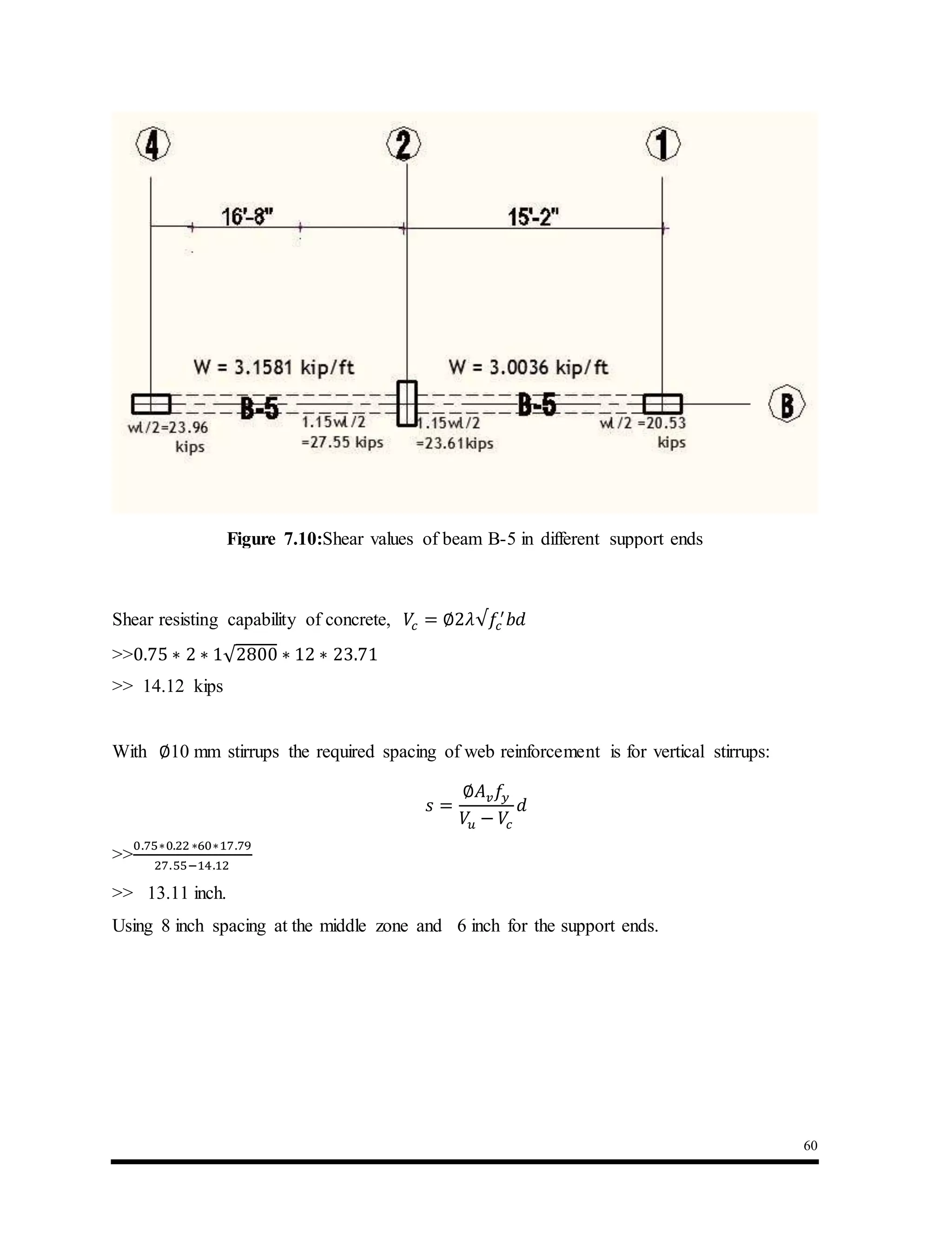 60
Figure 7.10:Shear values of beam B-5 in different support ends
Shear resisting capability of concrete, 𝑉𝑐 = ∅2𝜆√𝑓𝑐
′
𝑏𝑑
>>0.75 ∗ 2 ∗ 1√2800 ∗ 12 ∗ 23.71
>> 14.12 kips
With ∅10 mm stirrups the required spacing of web reinforcement is for vertical stirrups:
𝑠 =
∅𝐴 𝑣 𝑓𝑦
𝑉𝑢 − 𝑉𝑐
𝑑
>>
0.75∗0.22 ∗60∗17.79
27.55−14.12
>> 13.11 inch.
Using 8 inch spacing at the middle zone and 6 inch for the support ends.
 