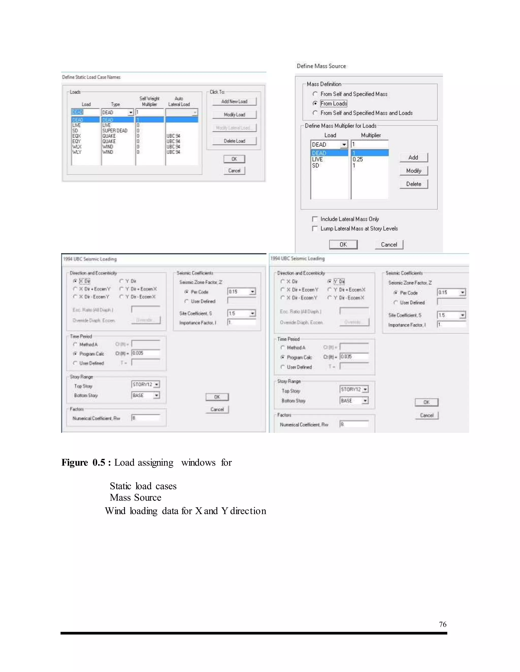 76
Figure 0.5 : Load assigning windows for
Static load cases
Mass Source
Wind loading data for X and Y direction
 