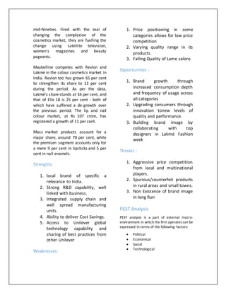 mid-Nineties. Fired with the zeal of
changing the complexion of the
cosmetics market, they are fuelling the
change using satellite television,
women's magazines and beauty
pageants.
Maybelline competes with Revlon and
Lakmé in the colour cosmetics market in
India. Revlon too has grown 65 per cent
to strengthen its share to 13 per cent
during the period. As per the data,
Lakmé's share stands at 34 per cent, and
that of Elle 18 is 25 per cent - both of
which have suffered a de-growth over
the previous period. The lip and nail
colour market, at Rs 107 crore, has
registered a growth of 11 per cent.
Mass market products account for a
major share, around 70 per cent, while
the premium segment accounts only for
a mere 9 per cent in lipsticks and 5 per
cent in nail enamels.
Strengths:
1. local brand of specific a
relevance to India.
2. Strong R&D capability, well
linked with business.
3. Integrated supply chain and
well spread manufacturing
units.
4. Ability to deliver Cost Savings.
5. Access to Unilever global
technology capability and
sharing of best practices from
other Unilever
Weaknesses:
1. Price positioning in some
categories allows for low price
competition
2. Varying quality range in its
products.
3. Falling Quality of Lame salons
Opportunities :
1. Brand growth through
increased consumption depth
and frequency of usage across
all categories
2. Upgrading consumers through
innovation tonew levels of
quality and performance.
3. Building brand image by
collaborating with top
designers in Lakmé Fashion
week
Threats :
1. Aggressive price competition
from local and multinational
players.
2. Spurious/counterfeit products
in rural areas and small towns.
3. Non Existence of brand image
in long Run
PEST Analysis
PEST analysis is a part of external macro-
environment in which the firm operates can be
expressed in terms of the following factors:
 Political
 Economical
 Social
 Technological
 