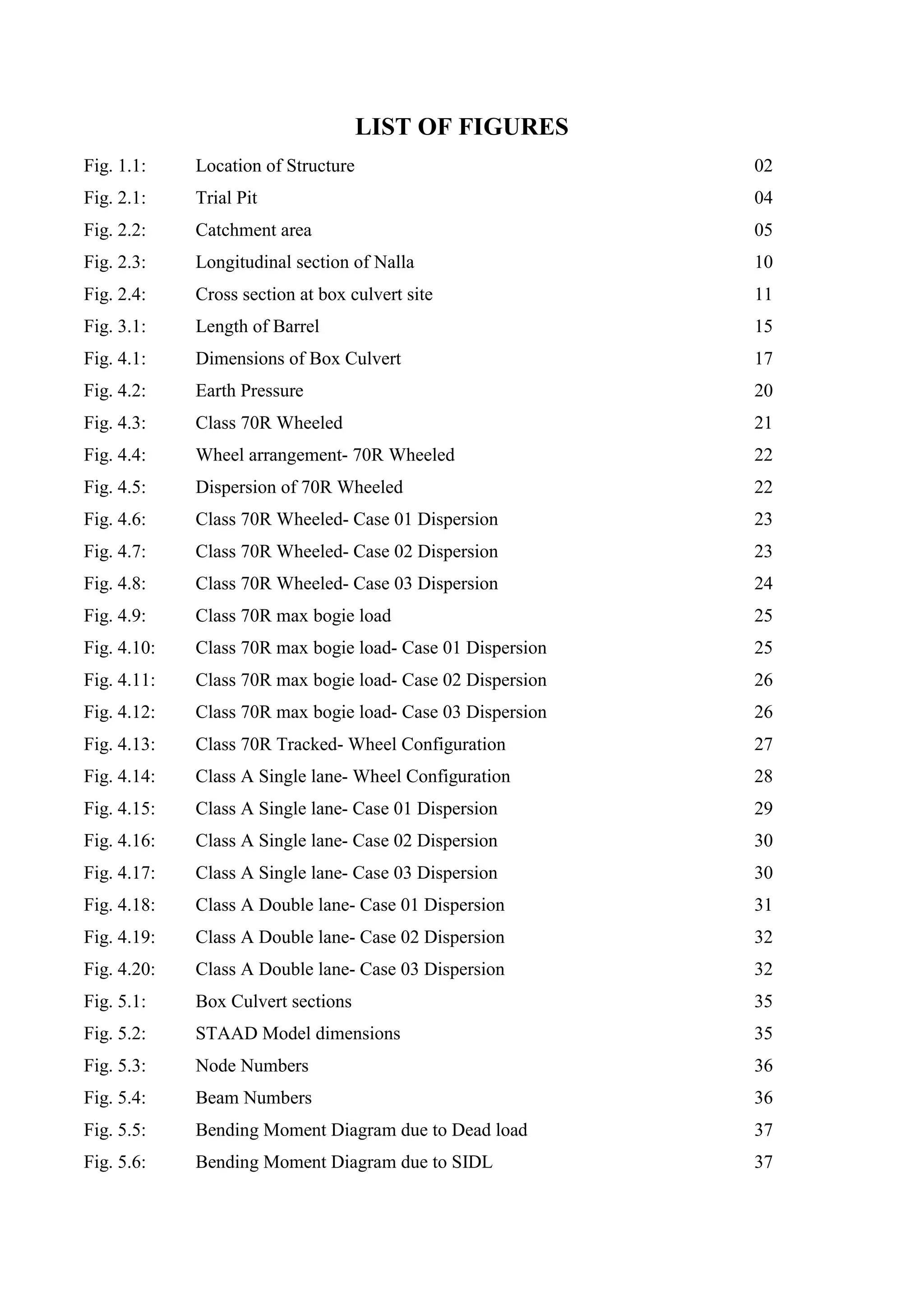 LIST OF FIGURES
Fig. 1.1: Location of Structure 02
Fig. 2.1: Trial Pit 04
Fig. 2.2: Catchment area 05
Fig. 2.3: Longitudinal section of Nalla 10
Fig. 2.4: Cross section at box culvert site 11
Fig. 3.1: Length of Barrel 15
Fig. 4.1: Dimensions of Box Culvert 17
Fig. 4.2: Earth Pressure 20
Fig. 4.3: Class 70R Wheeled 21
Fig. 4.4: Wheel arrangement- 70R Wheeled 22
Fig. 4.5: Dispersion of 70R Wheeled 22
Fig. 4.6: Class 70R Wheeled- Case 01 Dispersion 23
Fig. 4.7: Class 70R Wheeled- Case 02 Dispersion 23
Fig. 4.8: Class 70R Wheeled- Case 03 Dispersion 24
Fig. 4.9: Class 70R max bogie load 25
Fig. 4.10: Class 70R max bogie load- Case 01 Dispersion 25
Fig. 4.11: Class 70R max bogie load- Case 02 Dispersion 26
Fig. 4.12: Class 70R max bogie load- Case 03 Dispersion 26
Fig. 4.13: Class 70R Tracked- Wheel Configuration 27
Fig. 4.14: Class A Single lane- Wheel Configuration 28
Fig. 4.15: Class A Single lane- Case 01 Dispersion 29
Fig. 4.16: Class A Single lane- Case 02 Dispersion 30
Fig. 4.17: Class A Single lane- Case 03 Dispersion 30
Fig. 4.18: Class A Double lane- Case 01 Dispersion 31
Fig. 4.19: Class A Double lane- Case 02 Dispersion 32
Fig. 4.20: Class A Double lane- Case 03 Dispersion 32
Fig. 5.1: Box Culvert sections 35
Fig. 5.2: STAAD Model dimensions 35
Fig. 5.3: Node Numbers 36
Fig. 5.4: Beam Numbers 36
Fig. 5.5: Bending Moment Diagram due to Dead load 37
Fig. 5.6: Bending Moment Diagram due to SIDL 37
 