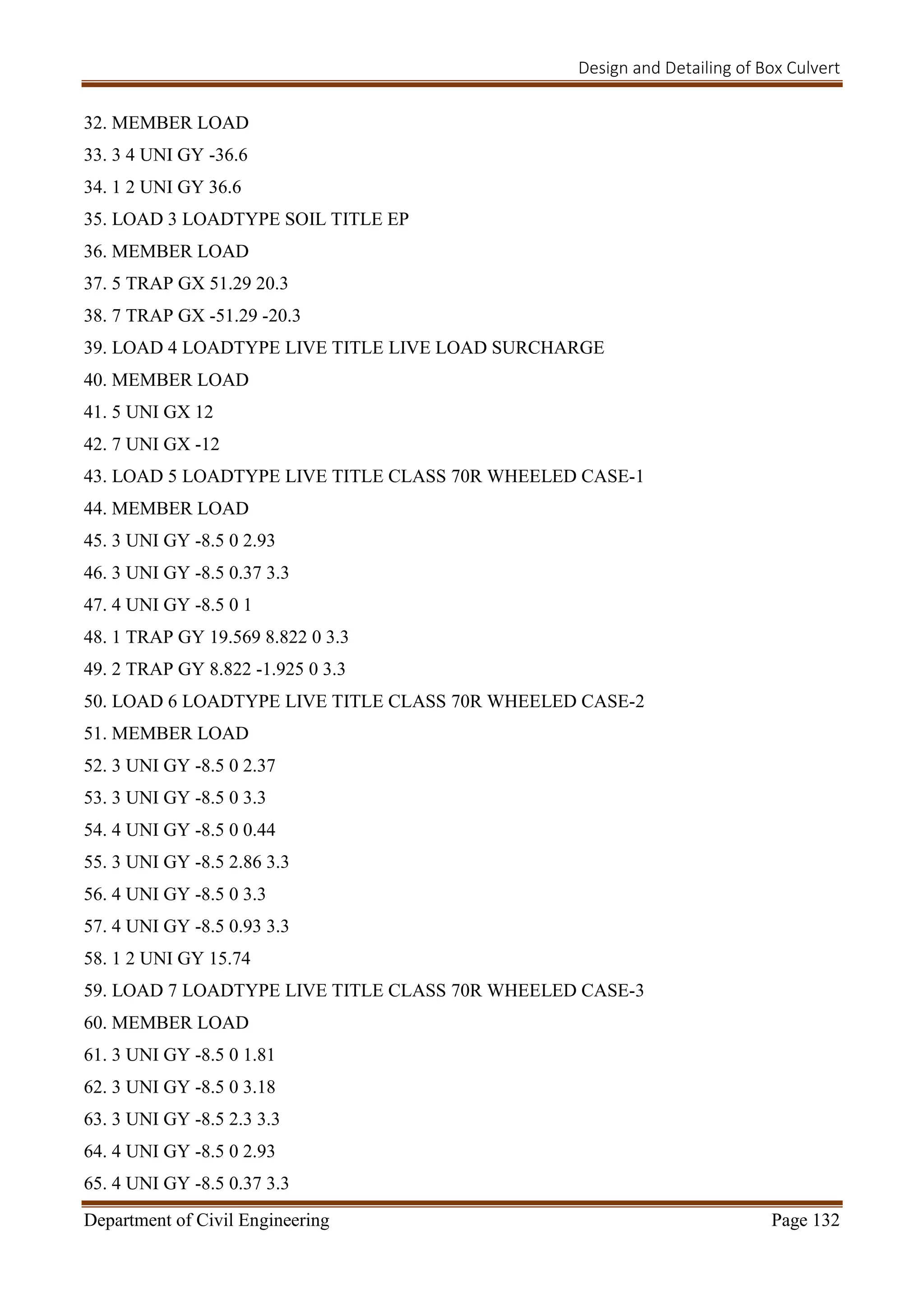 Design and Detailing of Box Culvert
Department of Civil Engineering Page 132
32. MEMBER LOAD
33. 3 4 UNI GY -36.6
34. 1 2 UNI GY 36.6
35. LOAD 3 LOADTYPE SOIL TITLE EP
36. MEMBER LOAD
37. 5 TRAP GX 51.29 20.3
38. 7 TRAP GX -51.29 -20.3
39. LOAD 4 LOADTYPE LIVE TITLE LIVE LOAD SURCHARGE
40. MEMBER LOAD
41. 5 UNI GX 12
42. 7 UNI GX -12
43. LOAD 5 LOADTYPE LIVE TITLE CLASS 70R WHEELED CASE-1
44. MEMBER LOAD
45. 3 UNI GY -8.5 0 2.93
46. 3 UNI GY -8.5 0.37 3.3
47. 4 UNI GY -8.5 0 1
48. 1 TRAP GY 19.569 8.822 0 3.3
49. 2 TRAP GY 8.822 -1.925 0 3.3
50. LOAD 6 LOADTYPE LIVE TITLE CLASS 70R WHEELED CASE-2
51. MEMBER LOAD
52. 3 UNI GY -8.5 0 2.37
53. 3 UNI GY -8.5 0 3.3
54. 4 UNI GY -8.5 0 0.44
55. 3 UNI GY -8.5 2.86 3.3
56. 4 UNI GY -8.5 0 3.3
57. 4 UNI GY -8.5 0.93 3.3
58. 1 2 UNI GY 15.74
59. LOAD 7 LOADTYPE LIVE TITLE CLASS 70R WHEELED CASE-3
60. MEMBER LOAD
61. 3 UNI GY -8.5 0 1.81
62. 3 UNI GY -8.5 0 3.18
63. 3 UNI GY -8.5 2.3 3.3
64. 4 UNI GY -8.5 0 2.93
65. 4 UNI GY -8.5 0.37 3.3
 