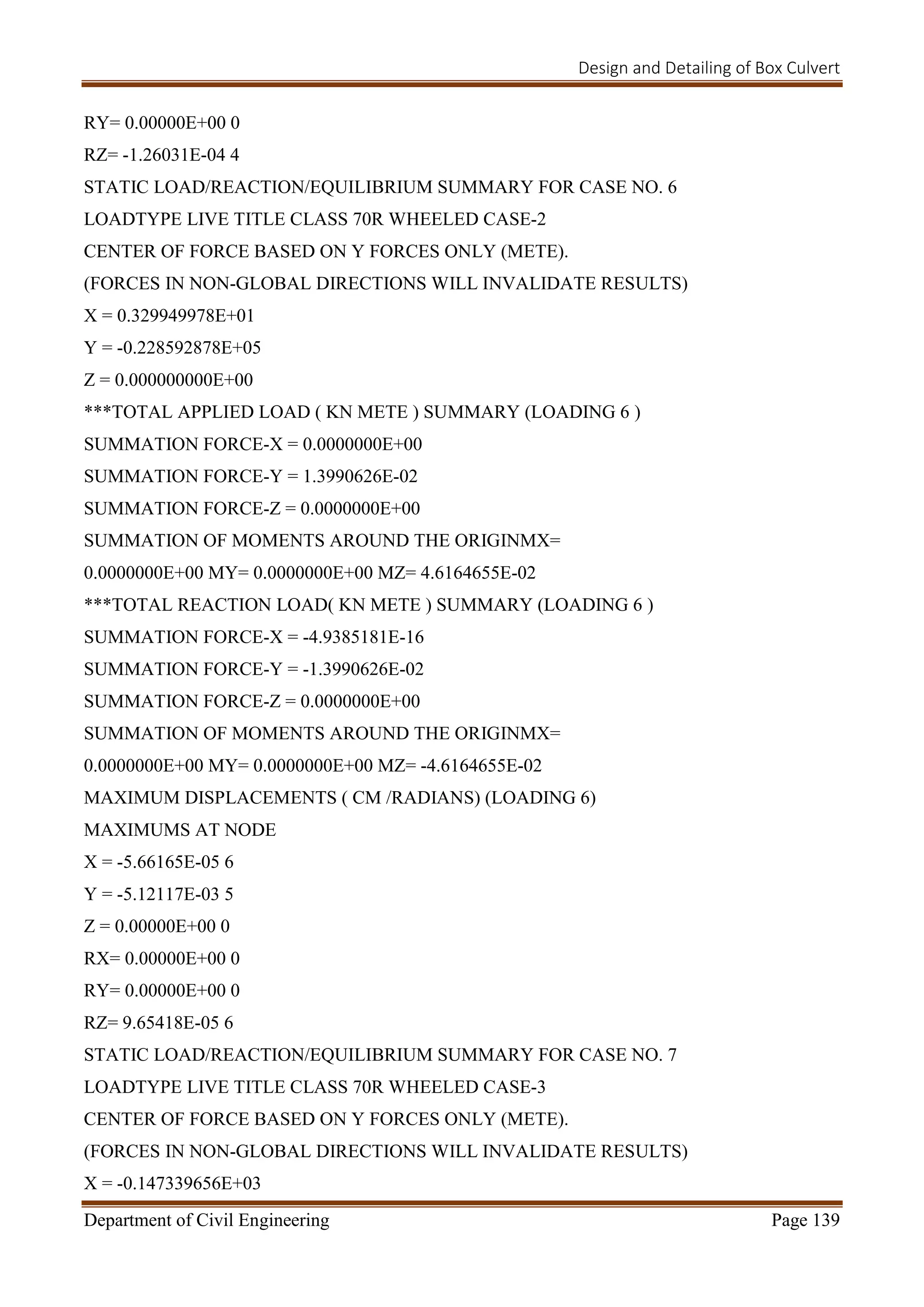 Design and Detailing of Box Culvert
Department of Civil Engineering Page 139
RY= 0.00000E+00 0
RZ= -1.26031E-04 4
STATIC LOAD/REACTION/EQUILIBRIUM SUMMARY FOR CASE NO. 6
LOADTYPE LIVE TITLE CLASS 70R WHEELED CASE-2
CENTER OF FORCE BASED ON Y FORCES ONLY (METE).
(FORCES IN NON-GLOBAL DIRECTIONS WILL INVALIDATE RESULTS)
X = 0.329949978E+01
Y = -0.228592878E+05
Z = 0.000000000E+00
***TOTAL APPLIED LOAD ( KN METE ) SUMMARY (LOADING 6 )
SUMMATION FORCE-X = 0.0000000E+00
SUMMATION FORCE-Y = 1.3990626E-02
SUMMATION FORCE-Z = 0.0000000E+00
SUMMATION OF MOMENTS AROUND THE ORIGINMX=
0.0000000E+00 MY= 0.0000000E+00 MZ= 4.6164655E-02
***TOTAL REACTION LOAD( KN METE ) SUMMARY (LOADING 6 )
SUMMATION FORCE-X = -4.9385181E-16
SUMMATION FORCE-Y = -1.3990626E-02
SUMMATION FORCE-Z = 0.0000000E+00
SUMMATION OF MOMENTS AROUND THE ORIGINMX=
0.0000000E+00 MY= 0.0000000E+00 MZ= -4.6164655E-02
MAXIMUM DISPLACEMENTS ( CM /RADIANS) (LOADING 6)
MAXIMUMS AT NODE
X = -5.66165E-05 6
Y = -5.12117E-03 5
Z = 0.00000E+00 0
RX= 0.00000E+00 0
RY= 0.00000E+00 0
RZ= 9.65418E-05 6
STATIC LOAD/REACTION/EQUILIBRIUM SUMMARY FOR CASE NO. 7
LOADTYPE LIVE TITLE CLASS 70R WHEELED CASE-3
CENTER OF FORCE BASED ON Y FORCES ONLY (METE).
(FORCES IN NON-GLOBAL DIRECTIONS WILL INVALIDATE RESULTS)
X = -0.147339656E+03
 