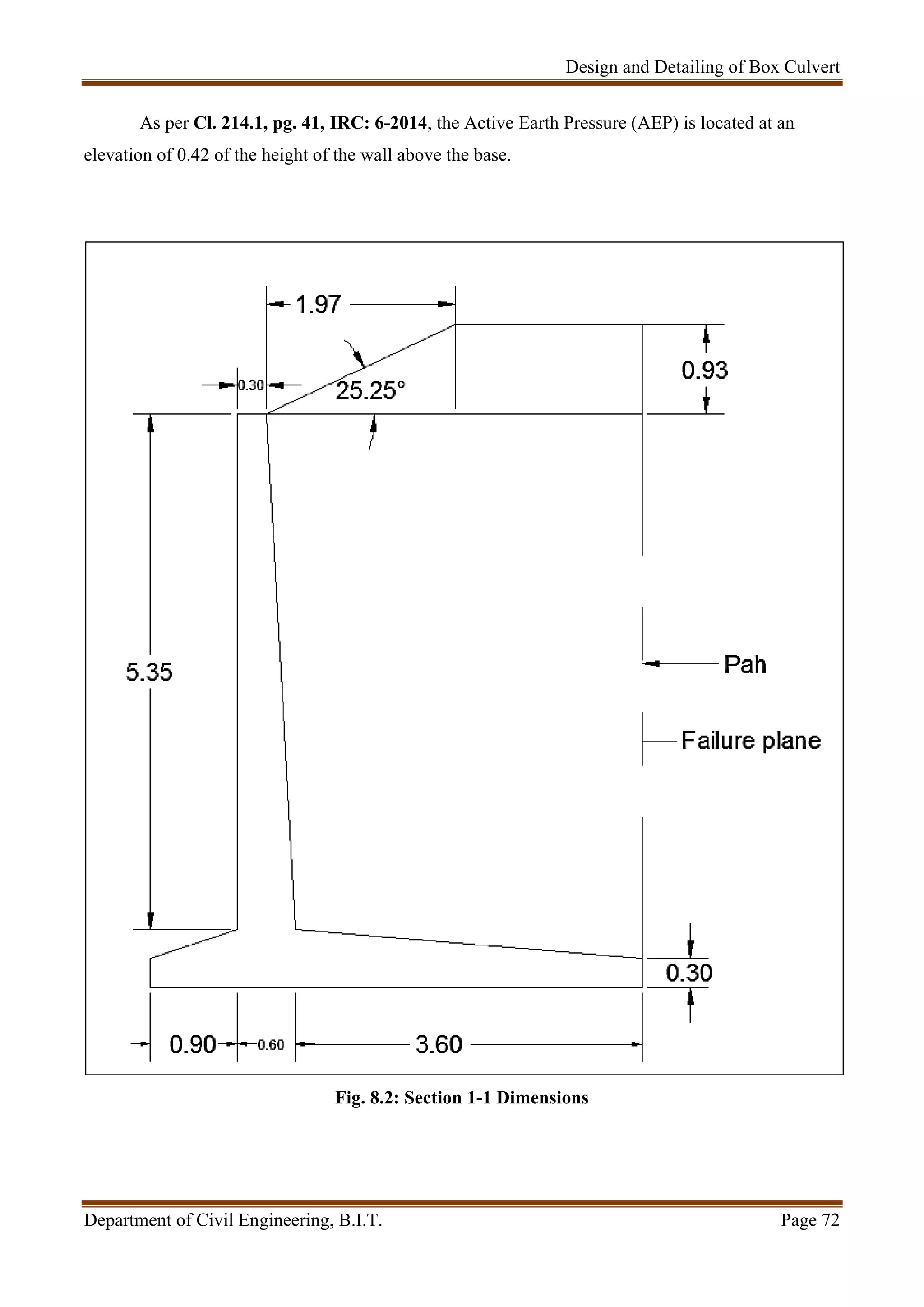 Design and Detailing of Box Culvert
Department of Civil Engineering, B.I.T. Page 72
As per Cl. 214.1, pg. 41, IRC: 6-2014, the Active Earth Pressure (AEP) is located at an
elevation of 0.42 of the height of the wall above the base.
Fig. 8.2: Section 1-1 Dimensions
 