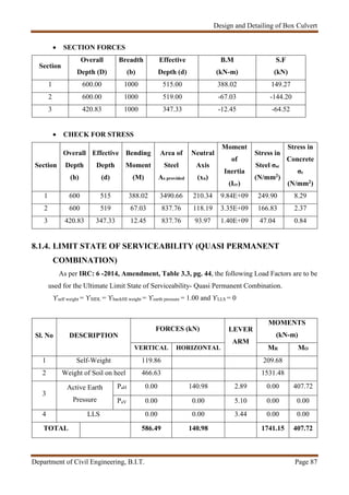 Design and Detailing of Box Culvert
Department of Civil Engineering, B.I.T. Page 87
 SECTION FORCES
Section
Overall
Depth (D)
Breadth
(b)
Effective
Depth (d)
B.M
(kN-m)
S.F
(kN)
1 600.00 1000 515.00 388.02 149.27
2 600.00 1000 519.00 -67.03 -144.20
3 420.83 1000 347.33 -12.45 -64.52
 CHECK FOR STRESS
Section
Overall
Depth
(h)
Effective
Depth
(d)
Bending
Moment
(M)
Area of
Steel
As provided
Neutral
Axis
(xu)
Moment
of
Inertia
(Icr)
Stress in
Steel σsc
(N/mm2)
Stress in
Concrete
σc
(N/mm2)
1 600 515 388.02 3490.66 210.34 9.84E+09 249.90 8.29
2 600 519 67.03 837.76 118.19 3.35E+09 166.83 2.37
3 420.83 347.33 12.45 837.76 93.97 1.40E+09 47.04 0.84
8.1.4. LIMIT STATE OF SERVICEABILITY (QUASI PERMANENT
COMBINATION)
As per IRC: 6 -2014, Amendment, Table 3.3, pg. 44, the following Load Factors are to be
used for the Ultimate Limit State of Serviceability- Quasi Permanent Combination.
ϒself weight = ϒSIDL = ϒbackfill weight = ϒearth pressure = 1.00 and ϒLLS = 0
Sl. No DESCRIPTION
FORCES (kN) LEVER
ARM
MOMENTS
(kN-m)
VERTICAL HORIZONTAL MR MO
1 Self-Weight 119.86 209.68
2 Weight of Soil on heel 466.63 1531.48
3
Active Earth
Pressure
PaH 0.00 140.98 2.89 0.00 407.72
PaV 0.00 0.00 5.10 0.00 0.00
4 LLS 0.00 0.00 3.44 0.00 0.00
TOTAL 586.49 140.98 1741.15 407.72
 