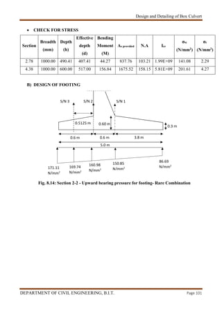 Design and Detailing of Box Culvert
DEPARTMENT OF CIVIL ENGINEERING, B.I.T. Page 101
 CHECK FOR STRESS
Section
Breadth
(mm)
Depth
(h)
Effective
depth
(d)
Bending
Moment
(M)
As provided N.A Icr
σsc
(N/mm2)
σc
(N/mm2)
2.78 1000.00 490.41 407.41 44.27 837.76 103.21 1.99E+09 141.08 2.29
4.38 1000.00 600.00 517.00 156.84 1675.52 158.15 5.81E+09 201.61 4.27
B) DESIGN OF FOOTING
Fig. 8.14: Section 2-2 - Upward bearing pressure for footing- Rare Combination
S/N 2
0.3 m
150.85
N/mm2
86.69
N/mm2
5.0 m
3.8 m0.6 m0.6 m
0.60 m
S/N 1
0.5125 m
171.11
N/mm2
160.98
N/mm2
169.74
N/mm2
S/N 3
 