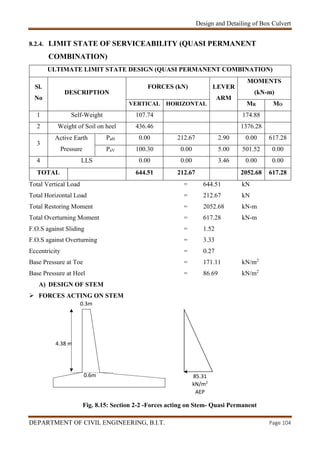 Design and Detailing of Box Culvert
DEPARTMENT OF CIVIL ENGINEERING, B.I.T. Page 104
0.3m
8.2.4. LIMIT STATE OF SERVICEABILITY (QUASI PERMANENT
COMBINATION)
ULTIMATE LIMIT STATE DESIGN (QUASI PERMANENT COMBINATION)
Sl.
No
DESCRIPTION
FORCES (kN) LEVER
ARM
MOMENTS
(kN-m)
VERTICAL HORIZONTAL MR MO
1 Self-Weight 107.74 174.88
2 Weight of Soil on heel 436.46 1376.28
3
Active Earth
Pressure
PaH 0.00 212.67 2.90 0.00 617.28
PaV 100.30 0.00 5.00 501.52 0.00
4 LLS 0.00 0.00 3.46 0.00 0.00
TOTAL 644.51 212.67 2052.68 617.28
Total Vertical Load = 644.51 kN
Total Horizontal Load = 212.67 kN
Total Restoring Moment = 2052.68 kN-m
Total Overturning Moment = 617.28 kN-m
F.O.S against Sliding = 1.52
F.O.S against Overturning = 3.33
Eccentricity = 0.27
Base Pressure at Toe = 171.11 kN/m2
Base Pressure at Heel = 86.69 kN/m2
A) DESIGN OF STEM
 FORCES ACTING ON STEM
Fig. 8.15: Section 2-2 -Forces acting on Stem- Quasi Permanent
85.31
kN/m2
AEP
0.6m
4.38 m
 