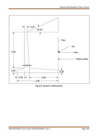 Design and Detailing of Box Culvert
DEPARTMENT OF CIVIL ENGINEERING, B.I.T. Page 109
Fig. 8.9: Section 3-3 Dimensions
 