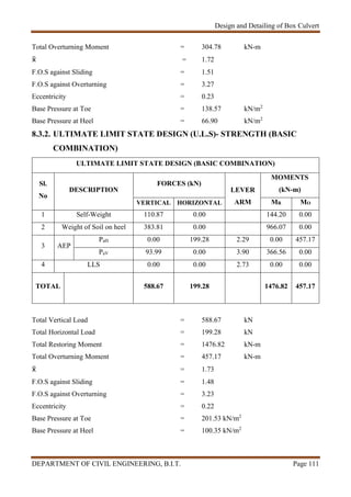 Design and Detailing of Box Culvert
DEPARTMENT OF CIVIL ENGINEERING, B.I.T. Page 111
Total Overturning Moment = 304.78 kN-m
 = 1.72
F.O.S against Sliding = 1.51
F.O.S against Overturning = 3.27
Eccentricity = 0.23
Base Pressure at Toe = 138.57 kN/m2
Base Pressure at Heel = 66.90 kN/m2
8.3.2. ULTIMATE LIMIT STATE DESIGN (U.L.S)- STRENGTH (BASIC
COMBINATION)
ULTIMATE LIMIT STATE DESIGN (BASIC COMBINATION)
Sl.
No
DESCRIPTION
FORCES (kN)
LEVER
ARM
MOMENTS
(kN-m)
VERTICAL HORIZONTAL MR MO
1 Self-Weight 110.87 0.00 144.20 0.00
2 Weight of Soil on heel 383.81 0.00 966.07 0.00
3 AEP
PaH 0.00 199.28 2.29 0.00 457.17
PaV 93.99 0.00 3.90 366.56 0.00
4 LLS 0.00 0.00 2.73 0.00 0.00
TOTAL 588.67 199.28 1476.82 457.17
Total Vertical Load = 588.67 kN
Total Horizontal Load = 199.28 kN
Total Restoring Moment = 1476.82 kN-m
Total Overturning Moment = 457.17 kN-m
 = 1.73
F.O.S against Sliding = 1.48
F.O.S against Overturning = 3.23
Eccentricity = 0.22
Base Pressure at Toe = 201.53 kN/m2
Base Pressure at Heel = 100.35 kN/m2
 