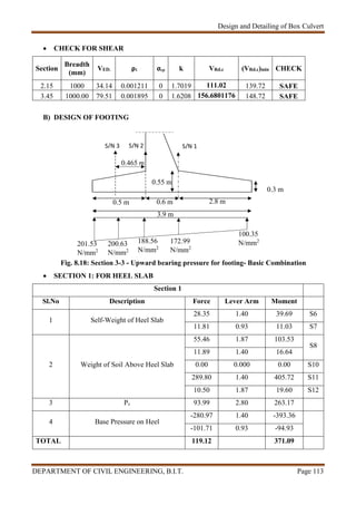 Design and Detailing of Box Culvert
DEPARTMENT OF CIVIL ENGINEERING, B.I.T. Page 113
 CHECK FOR SHEAR
Section
Breadth
(mm)
VED. ρ1 σcp k VRd.c (VRd.c)min CHECK
2.15 1000 34.14 0.001211 0 1.7019 111.02 139.72 SAFE
3.45 1000.00 79.51 0.001895 0 1.6208 156.6801176 148.72 SAFE
B) DESIGN OF FOOTING
Fig. 8.18: Section 3-3 - Upward bearing pressure for footing- Basic Combination
 SECTION 1: FOR HEEL SLAB
Section 1
Sl.No Description Force Lever Arm Moment
1 Self-Weight of Heel Slab
28.35 1.40 39.69 S6
11.81 0.93 11.03 S7
2 Weight of Soil Above Heel Slab
55.46 1.87 103.53
S8
11.89 1.40 16.64
0.00 0.000 0.00 S10
289.80 1.40 405.72 S11
10.50 1.87 19.60 S12
3 Pv 93.99 2.80 263.17
4 Base Pressure on Heel
-280.97 1.40 -393.36
-101.71 0.93 -94.93
TOTAL 119.12 371.09
3.9 m
S/N 2
0.3 m
0.465 m
0.5 m 0.6 m 2.8 m
0.55 m
201.53
N/mm2
100.35
N/mm2172.99
N/mm2
188.56
N/mm2
200.63
N/mm2
S/N 1S/N 3
 