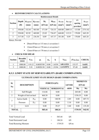 Design and Detailing of Box Culvert
DEPARTMENT OF CIVIL ENGINEERING, B.I.T. Page 115
 REINFORCEMENT CALCULATIONS
Reinforcement Details
Section
Depth
(D)
drequired
(mm)
dprovided
(mm)
Mu
(kN-m)
Mulim
(kN-m)
Ast min
(mm2)
Ast reqd
(mm2)
c/c
spacing
provided
Ast pro
(mm2)
1 550.00 332.83 465.00 371.09 724.35 660.00 2009.11 115.00 2731.82
2 550.00 82.92 469.00 23.03 736.87 660.00 113.51 170.00 665.28
3 317.50 5.23 236.50 0.09 187.37 381.00 0.89 170.00 665.28
Hence, Provide
 20mm Ø bars at 115 mm c/c at section 1
 12mm Ø bars at 170 mm c/c at section 2
 12mm Ø bars at 170 mm c/c at section 3
 CHECK FOR SHEAR
Section
Breadth
(mm)
VED. ρ1 σcp k VRd.c (VRd.c)min CHECK
1 1000.00 119.12 0.0058749 0.00 1.6558 149.11531 153.57 SAFE
3 1000.00 5.91 0.0028130 0.00 1.9196 2.1315572 97.49 SAFE
8.3.3. LIMIT STATE OF SERVICEABILITY (RARE COMBINATION)
ULTIMATE LIMIT STATE DESIGN (RARE COMBINATION)
Sl.
No
DESCRIPTION
FORCES (kN)
LEVER
ARM
MOMENTS
(kN-m)
VERTICAL HORIZONTAL MR MO
1 Self-Weight 116.86 0.00 203.00 0.00
2 Weight of Soil on heel 468.58 0.00 1536.55 0.00
3
Active Earth
Pressure
PaH 0.00 140.98 2.89 0.00 407.72
PaV 0.00 0.00 5.10 0.00 0.00
4 LLS 0.00 39.27 3.44 0.00 135.20
TOTAL 585.44 180.24 1739.55 542.92
Total Vertical Load = 585.44 kN
Total Horizontal Load = 180.24 kN
Total Restoring Moment = 1739.55 kN-m
 